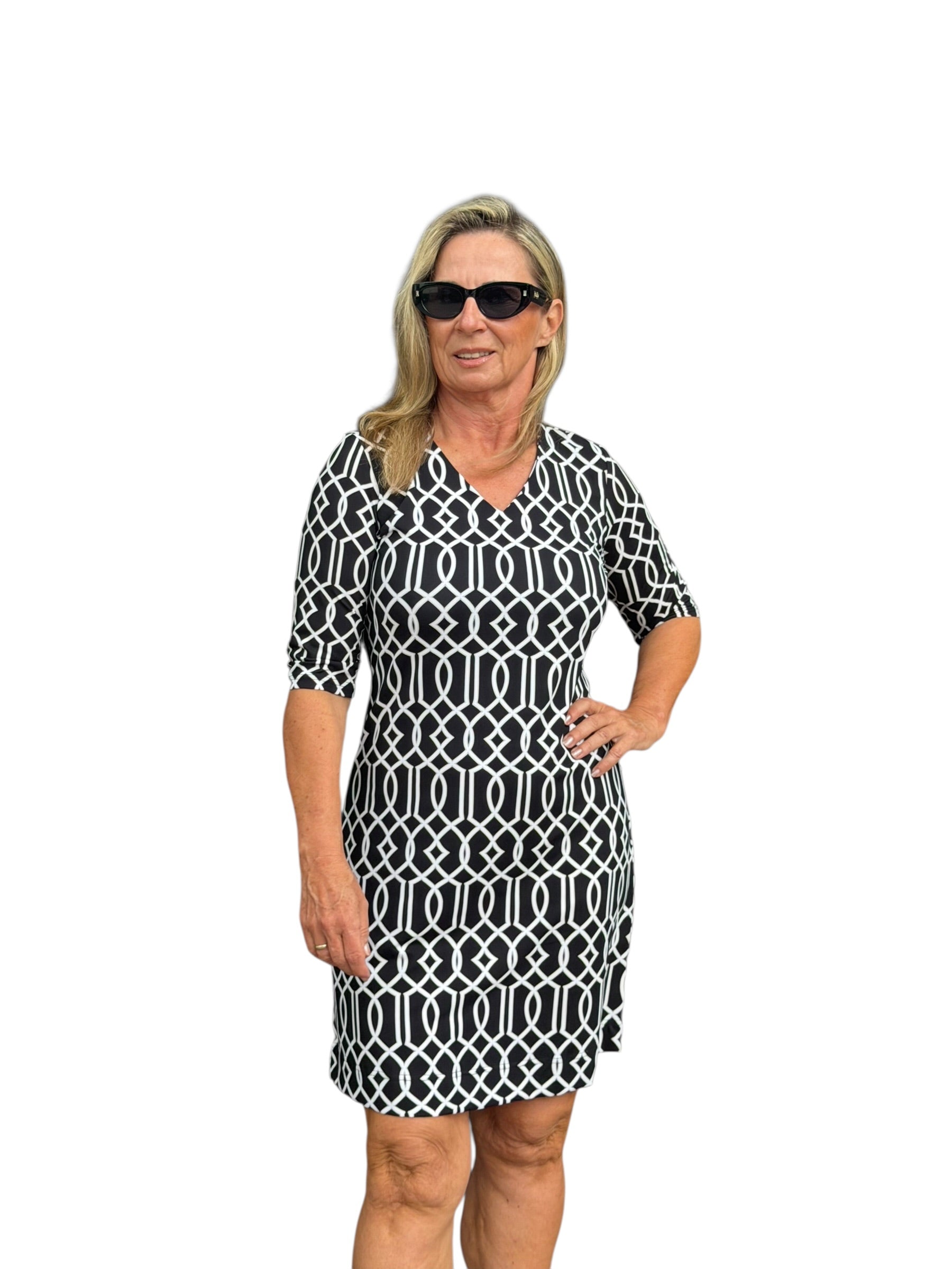 Elbow - Sleeve Travel Dress with UPF50+ Geometric Lines Black - Back of the Bay Boutique