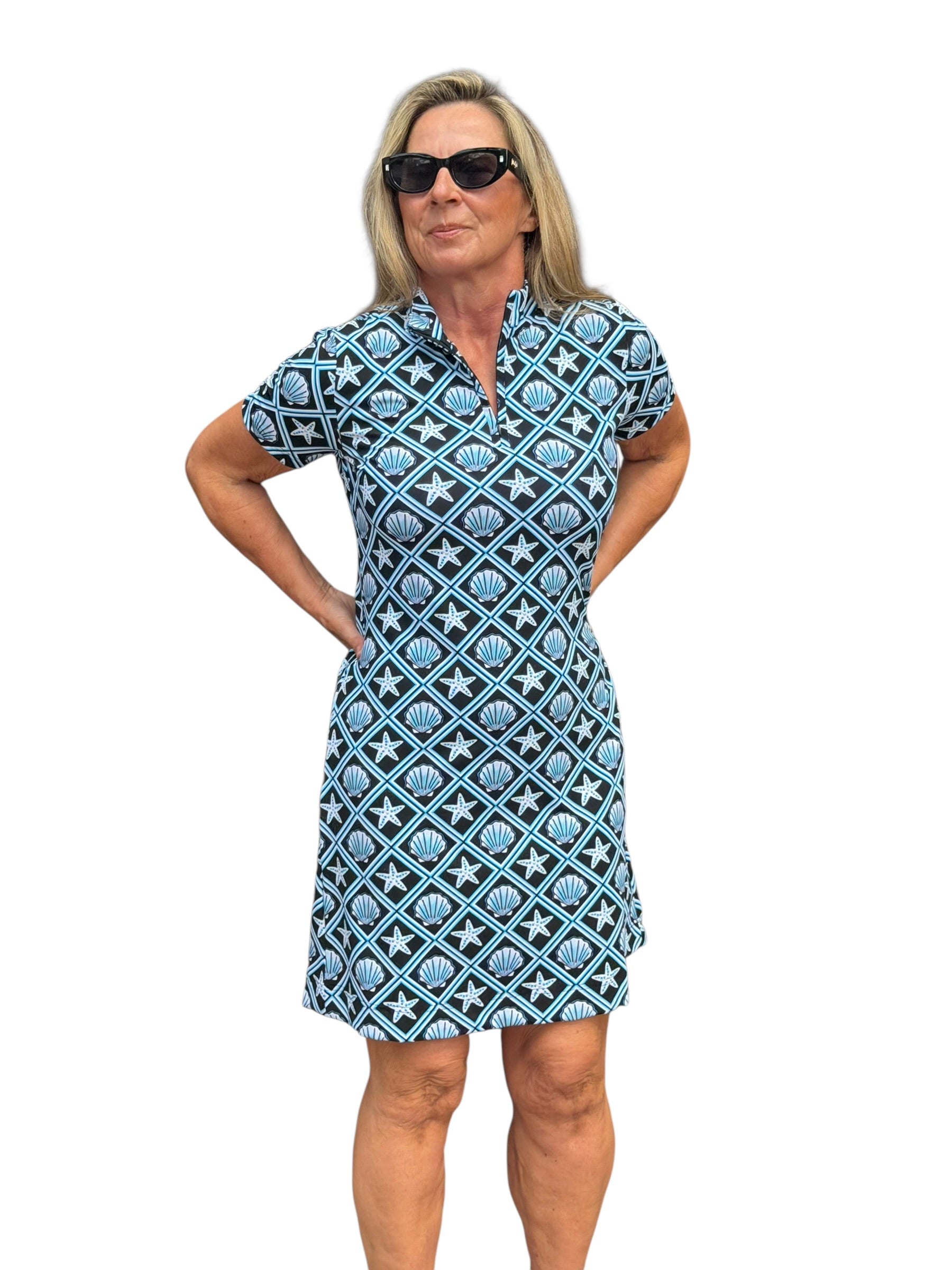 Polo - Collar Quarterzip Short - Sleeve Dress Black Seashells - Back of the Bay Boutique