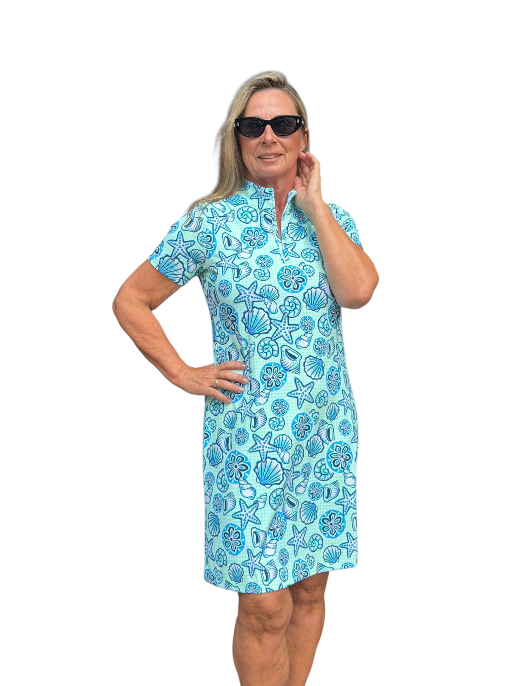 Polo - Collar Quarterzip Short - Sleeve Dress Ocean Shells Blue - Back of the Bay Boutique