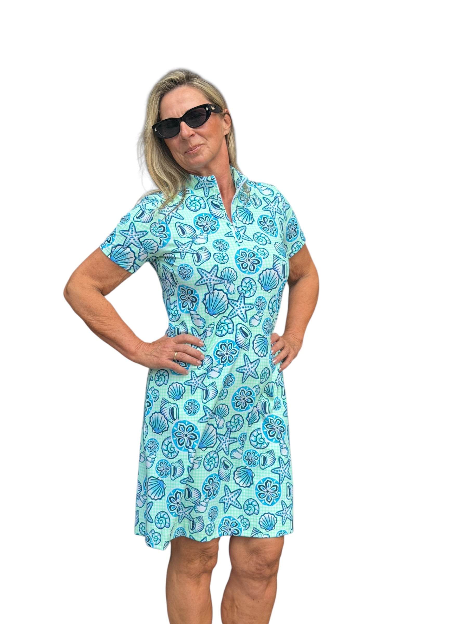 Polo - Collar Quarterzip Short - Sleeve Dress Ocean Shells Blue - Back of the Bay Boutique