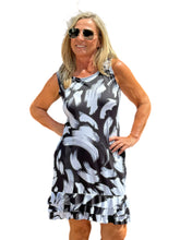 Load image into Gallery viewer, Shift Dress with Ruffled Hem Abstract Black
