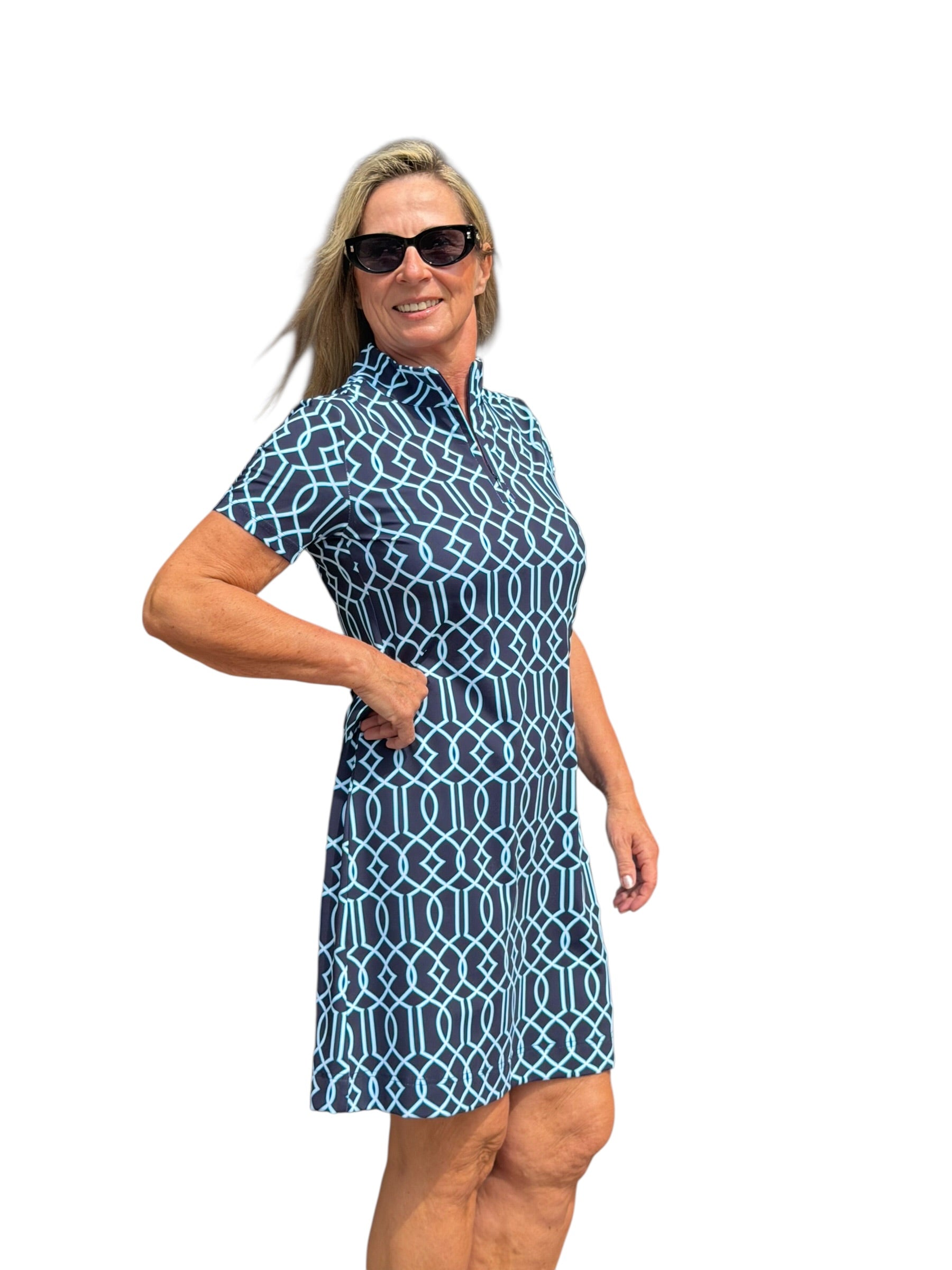 Polo - Collar Quarterzip Short - Sleeve Dress Geometric Lines Navy - Back of the Bay Boutique