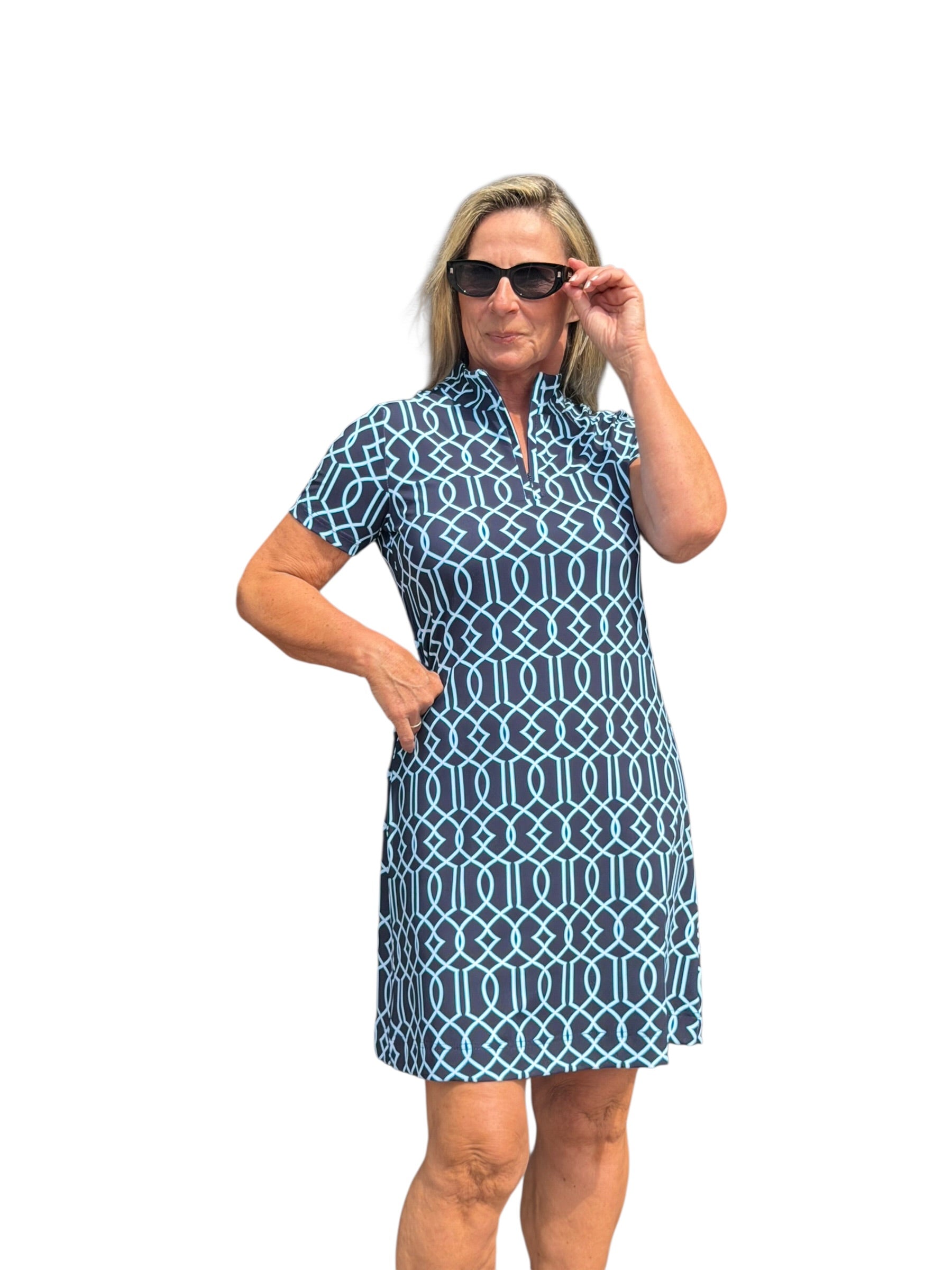 Polo - Collar Quarterzip Short - Sleeve Dress Geometric Lines Navy - Back of the Bay Boutique