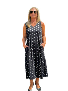 Sleeveless A-Line Maxi Dress Black Polka Dots