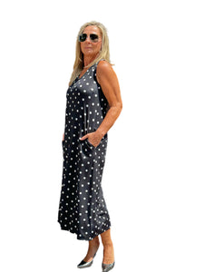 Sleeveless A-Line Maxi Dress Black Polka Dots