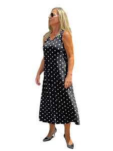 Sleeveless A-Line Maxi Dress Black Polka Dots