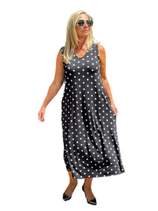 Sleeveless A-Line Maxi Dress Black Polka Dots