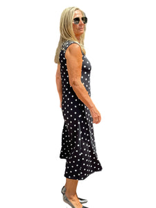 Sleeveless A-Line Maxi Dress Black Polka Dots