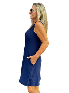 Sleeveless V-Neck Dress with Pockets Navy