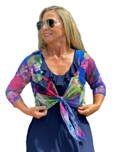 3/4 Sleeve Mesh Tie-Front Shrug Abstract Painting