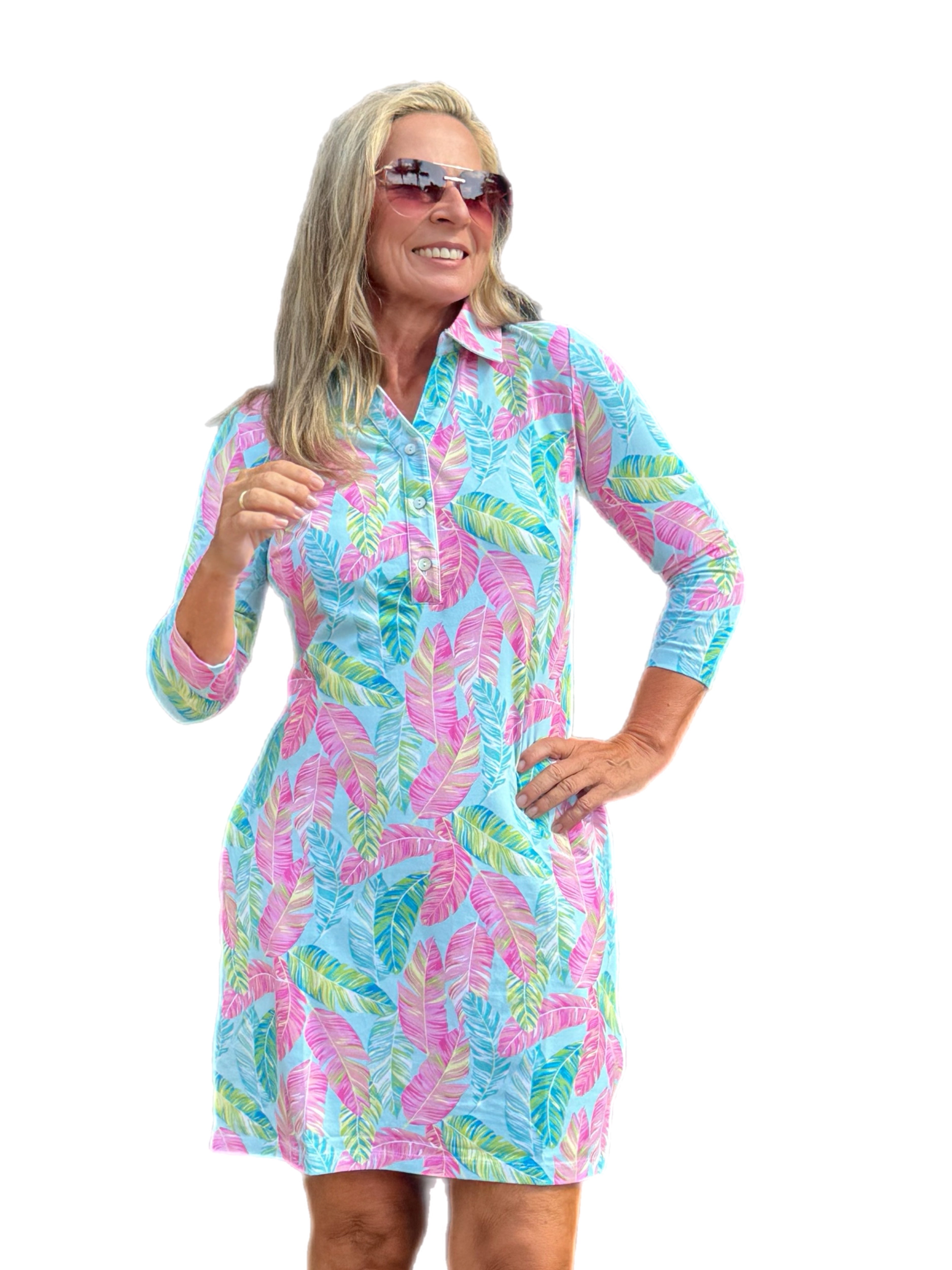 3/4 Sleeve V-Neck Polo COTTON Dress with UPF50+ Palm Feather Seafoam/Multi - Back of the Bay Boutique
