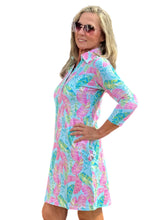 Load image into Gallery viewer, 3/4 Sleeve V-Neck Polo COTTON Dress with UPF50+ Palm Feather Seafoam/Multi
