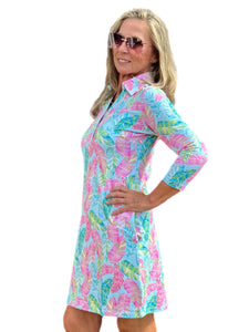 3/4 Sleeve V-Neck Polo COTTON Dress with UPF50+ Palm Feather Seafoam/Multi