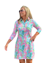 Load image into Gallery viewer, 3/4 Sleeve V-Neck Polo COTTON Dress with UPF50+ Palm Feather Seafoam/Multi
