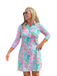 3/4 Sleeve V-Neck Polo COTTON Dress with UPF50+ Palm Feather Seafoam/Multi