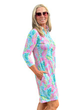 Load image into Gallery viewer, 3/4 Sleeve V-Neck Polo COTTON Dress with UPF50+ Palm Feather Seafoam/Multi
