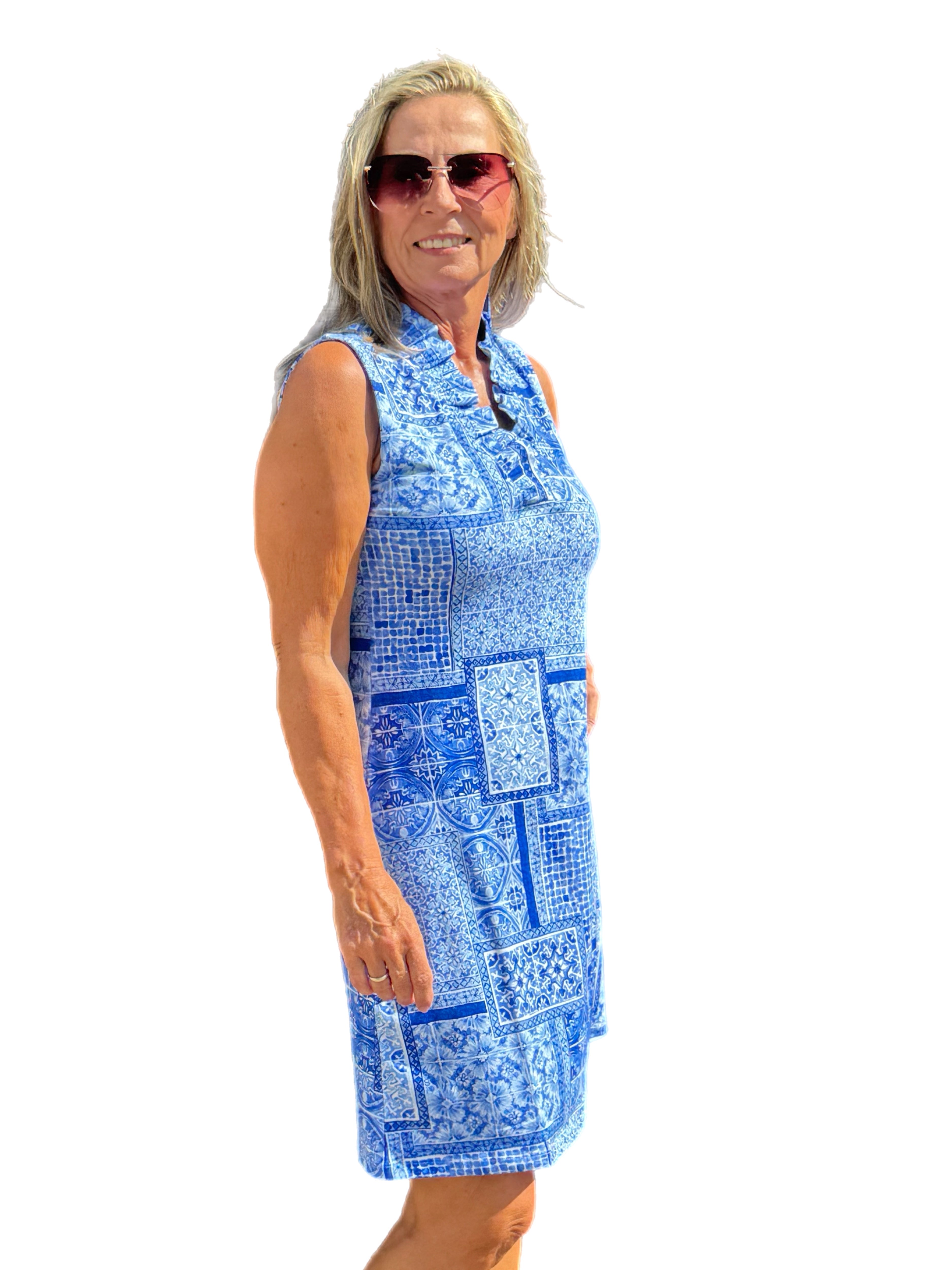 Sleeveless Ruffle Neck Shift COTTON Dress with UPF50+ Cabaret Blue Tonal - Back of the Bay Boutique