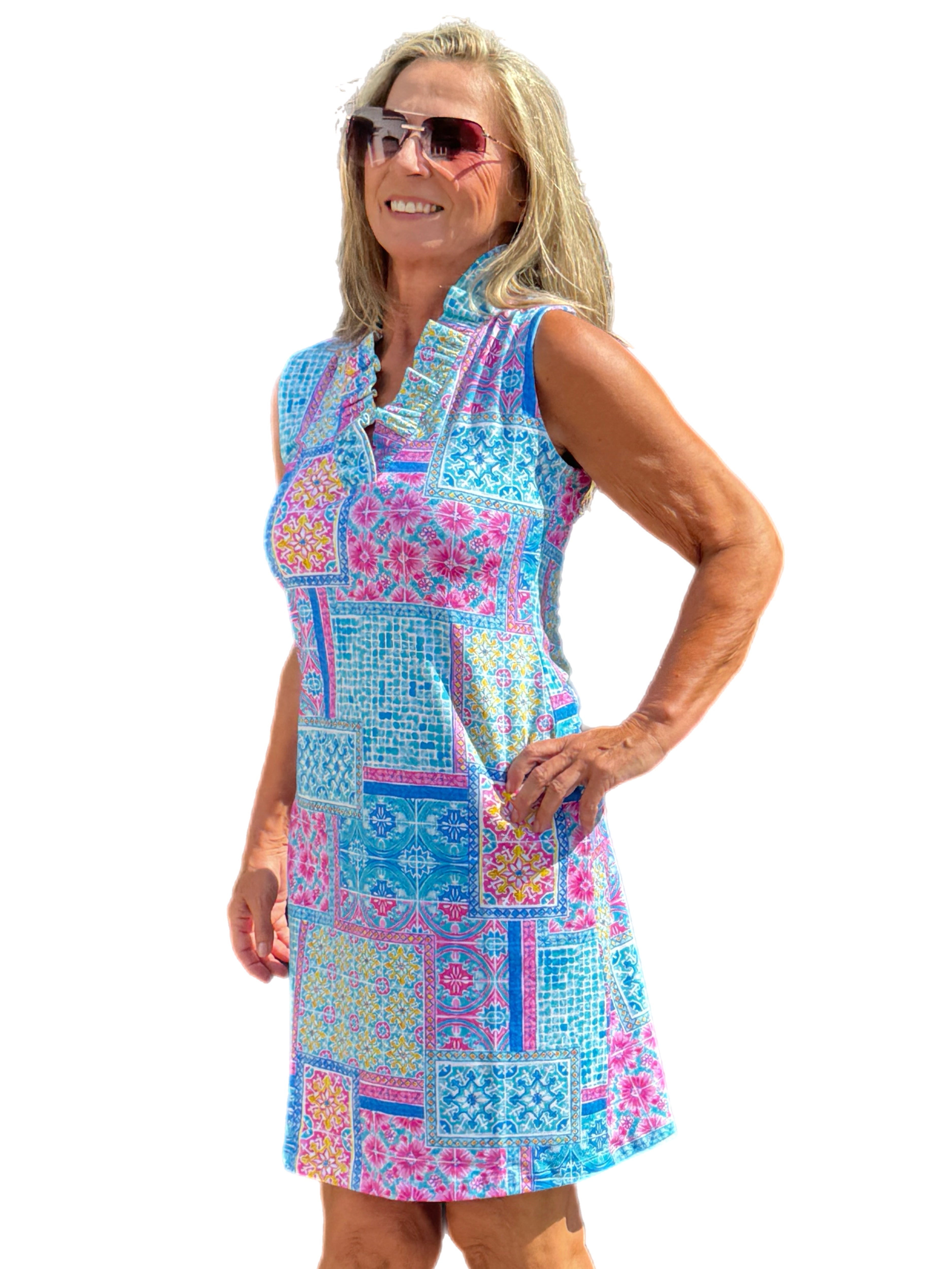 Sleeveless Ruffle Neck Shift COTTON Dress with UPF50+ Granada Seafoam/Pink - Back of the Bay Boutique