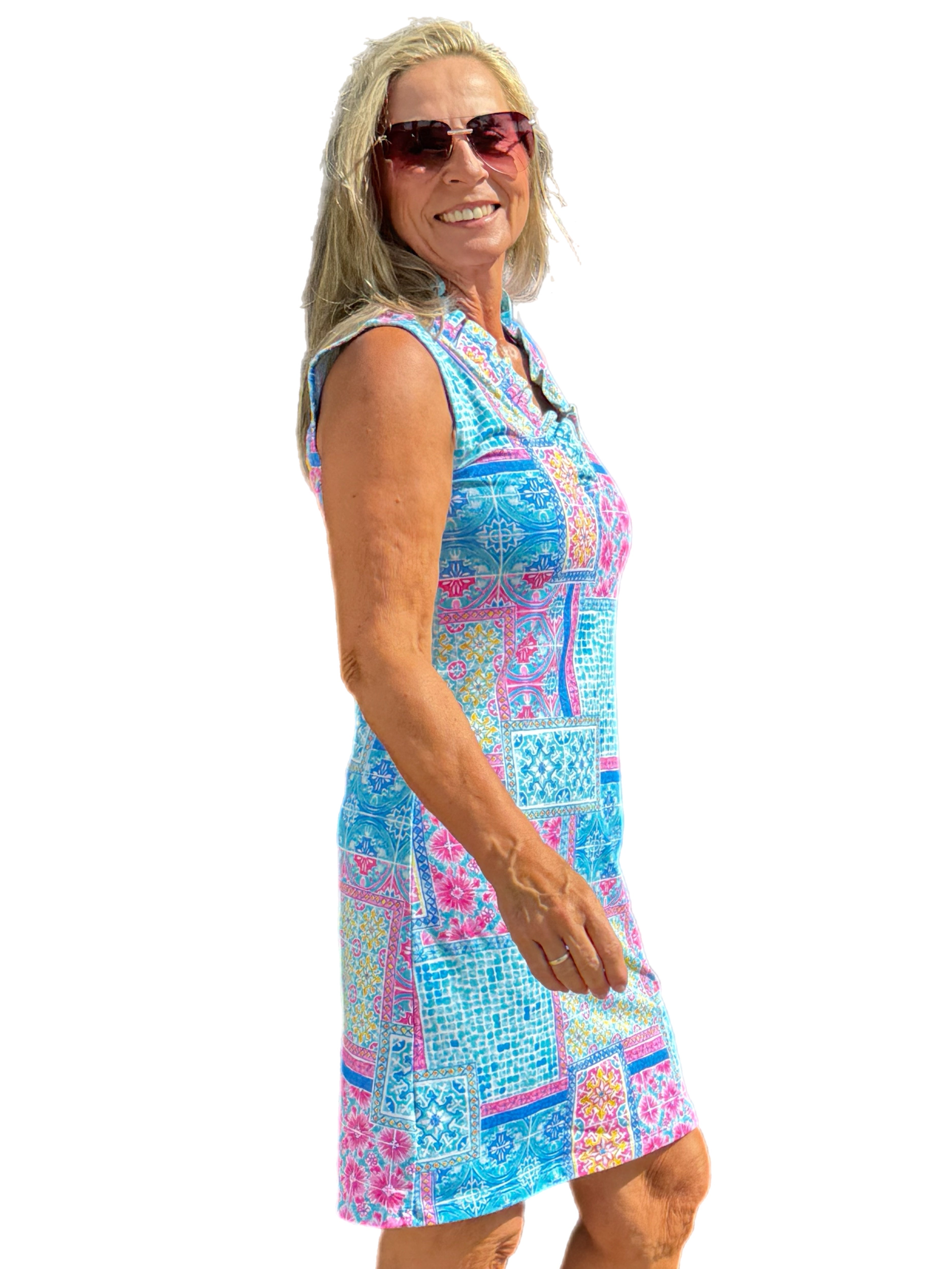 Sleeveless Ruffle Neck Shift COTTON Dress with UPF50+ Granada Seafoam/Pink - Back of the Bay Boutique
