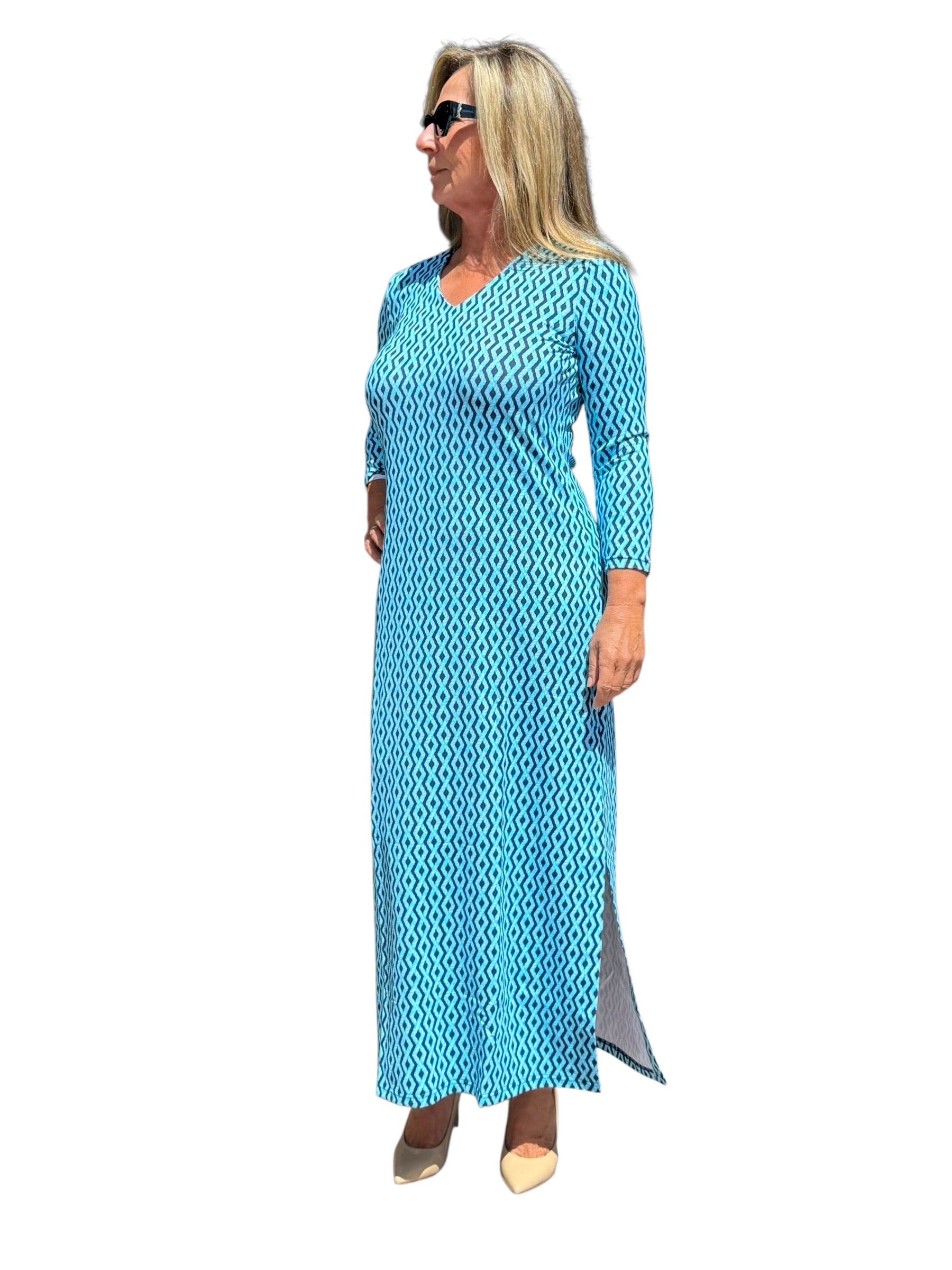 Maxi Elbow - Sleeve Dress with UPF50+ Nautical Ropes Turquoise - Back of the Bay Boutique