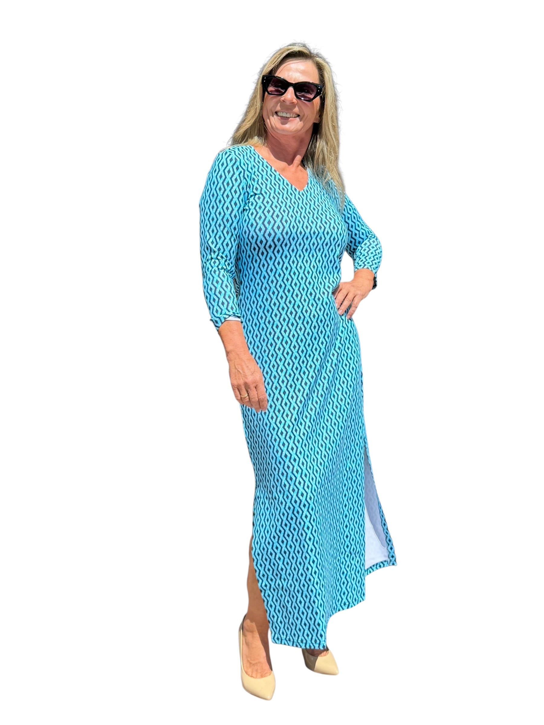 Maxi Elbow - Sleeve Dress with UPF50+ Nautical Ropes Turquoise - Back of the Bay Boutique