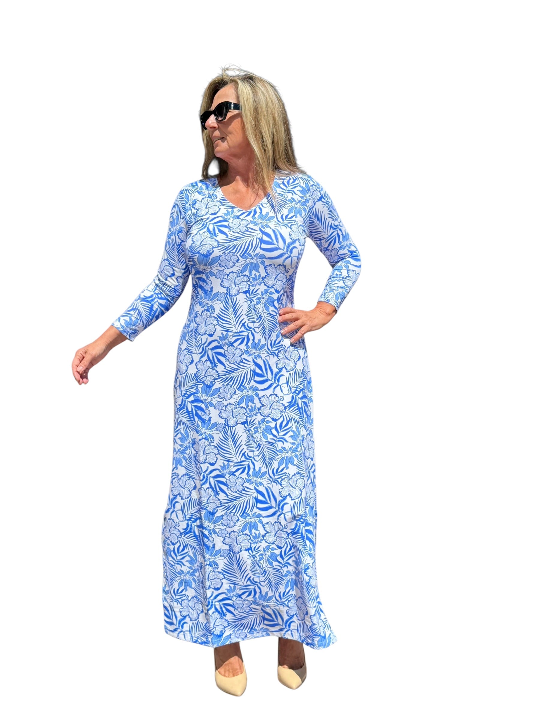 Maxi Elbow - Sleeve Dress with UPF50+ Summer Breeze Blue - Back of the Bay Boutique