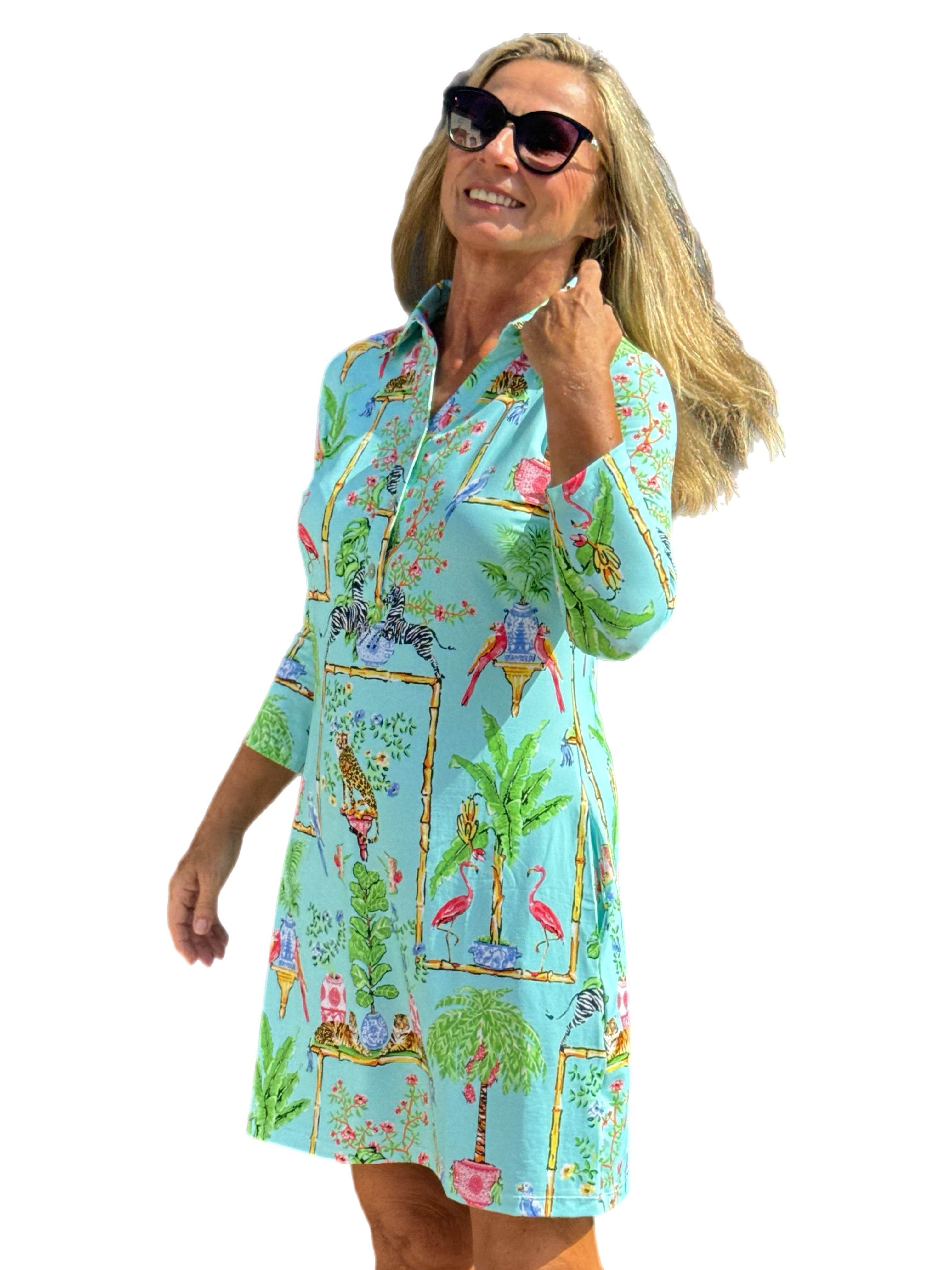 3/4 Sleeve Polo-Collar Dress with UPF50+ Tropical Seafoam