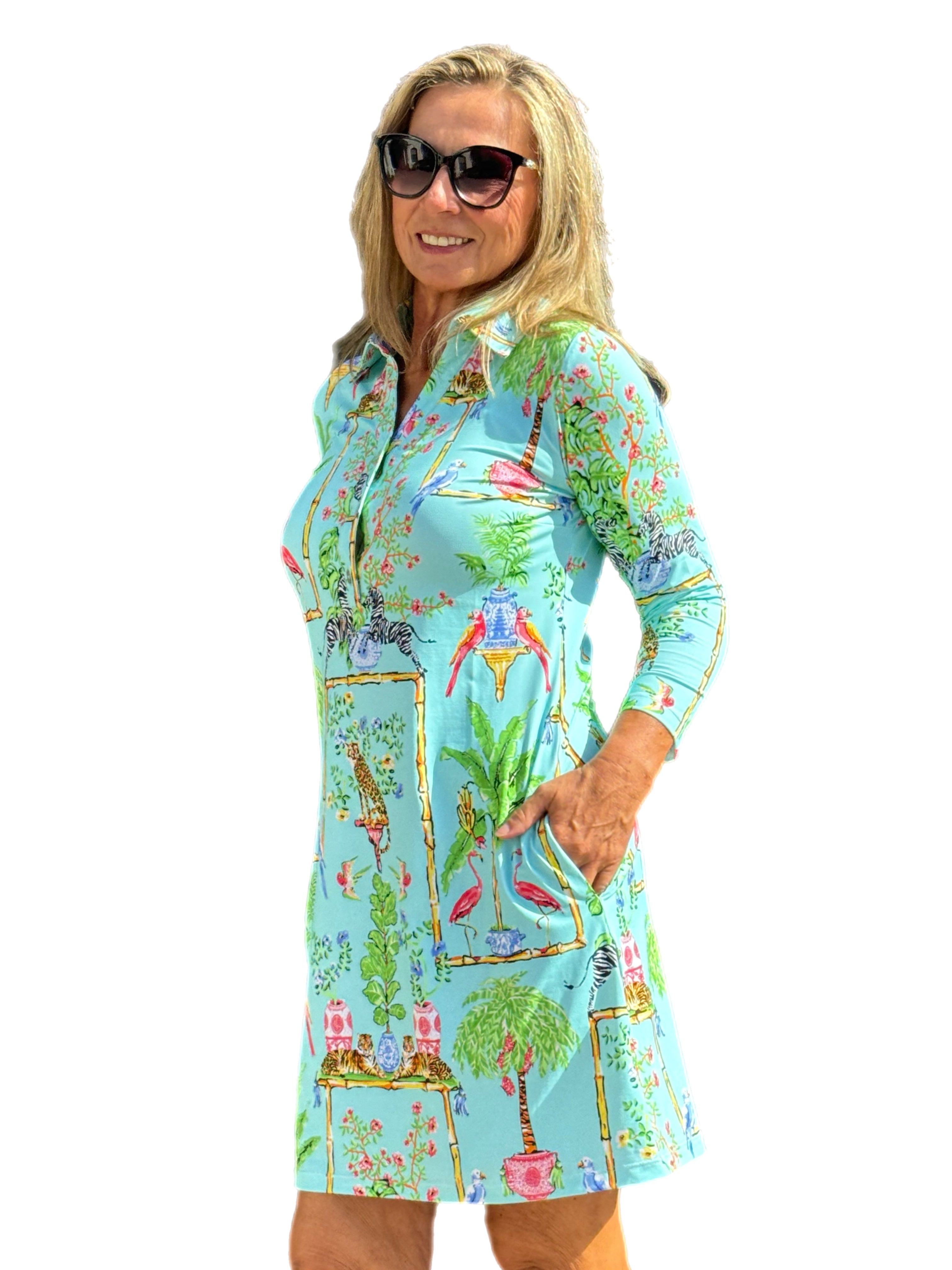 3/4 Sleeve Polo-Collar Dress with UPF50+ Tropical Seafoam