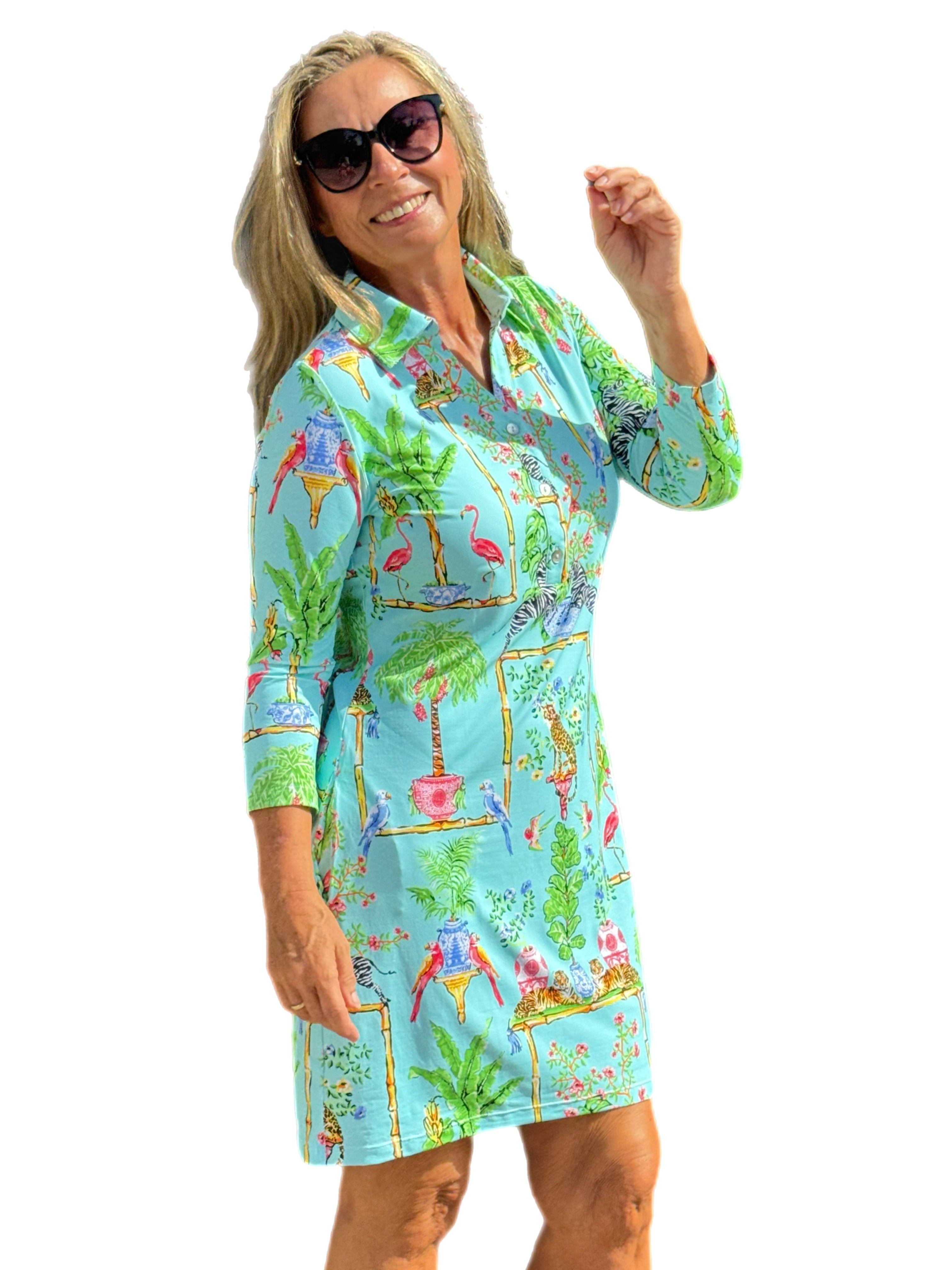 3/4 Sleeve Polo-Collar Dress with UPF50+ Tropical Seafoam
