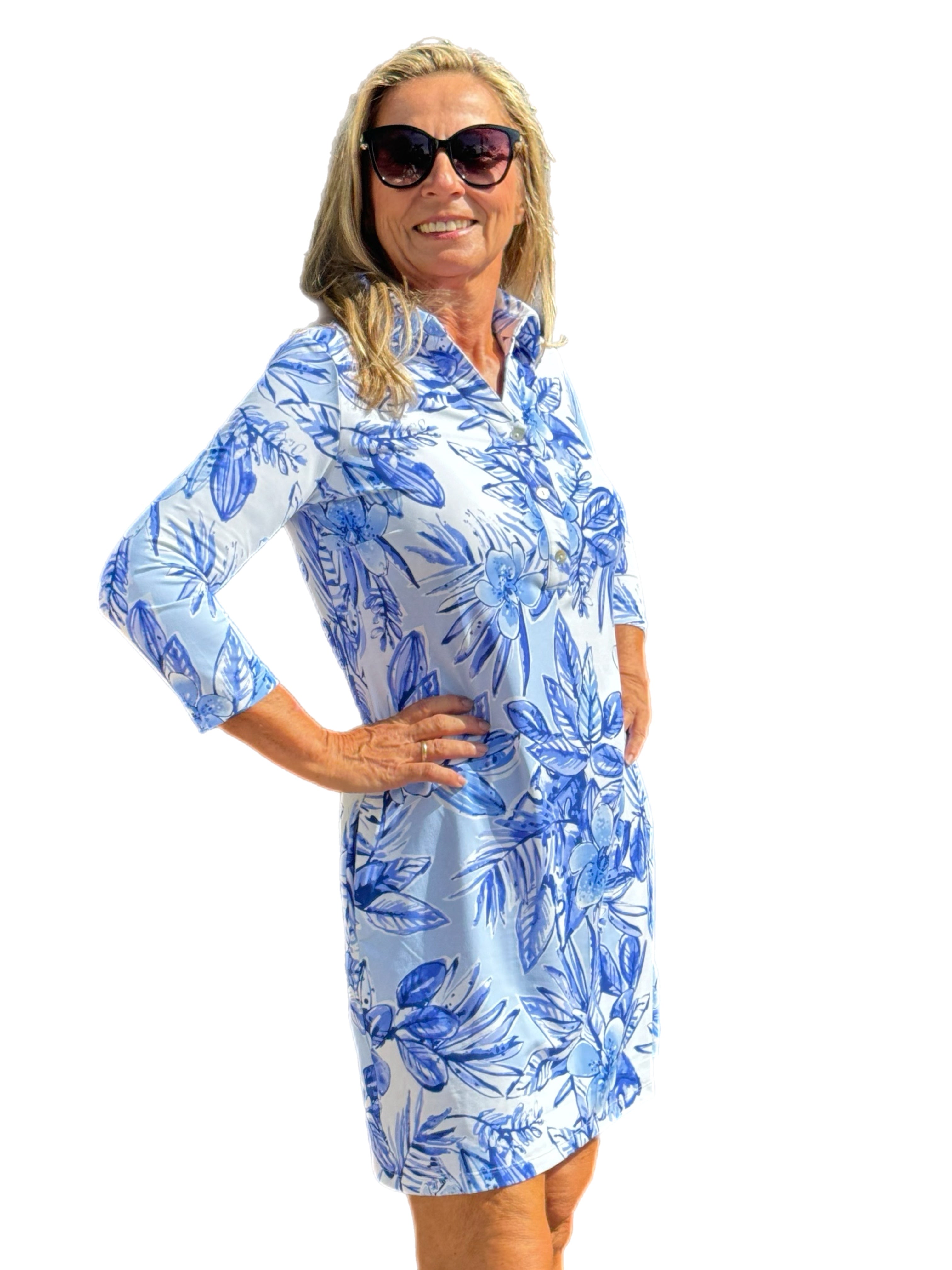 3/4 Sleeve Polo-Collar Dress with UPF50+ Tropical Flowers Blue - Back of the Bay Boutique