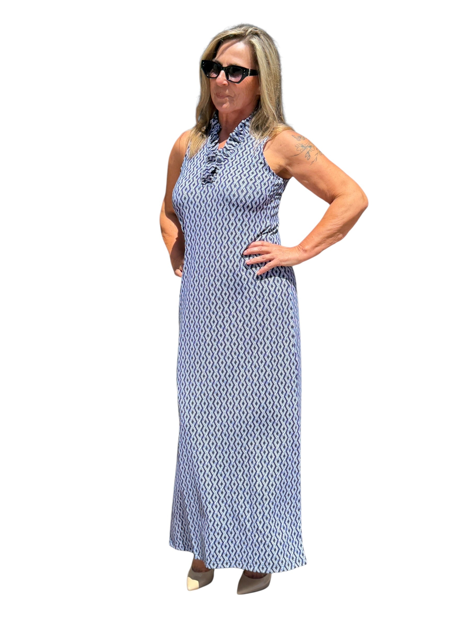 Ruffle - Neck Maxi Dress with UPF50+ Nautical Ropes Navy - Back of the Bay Boutique