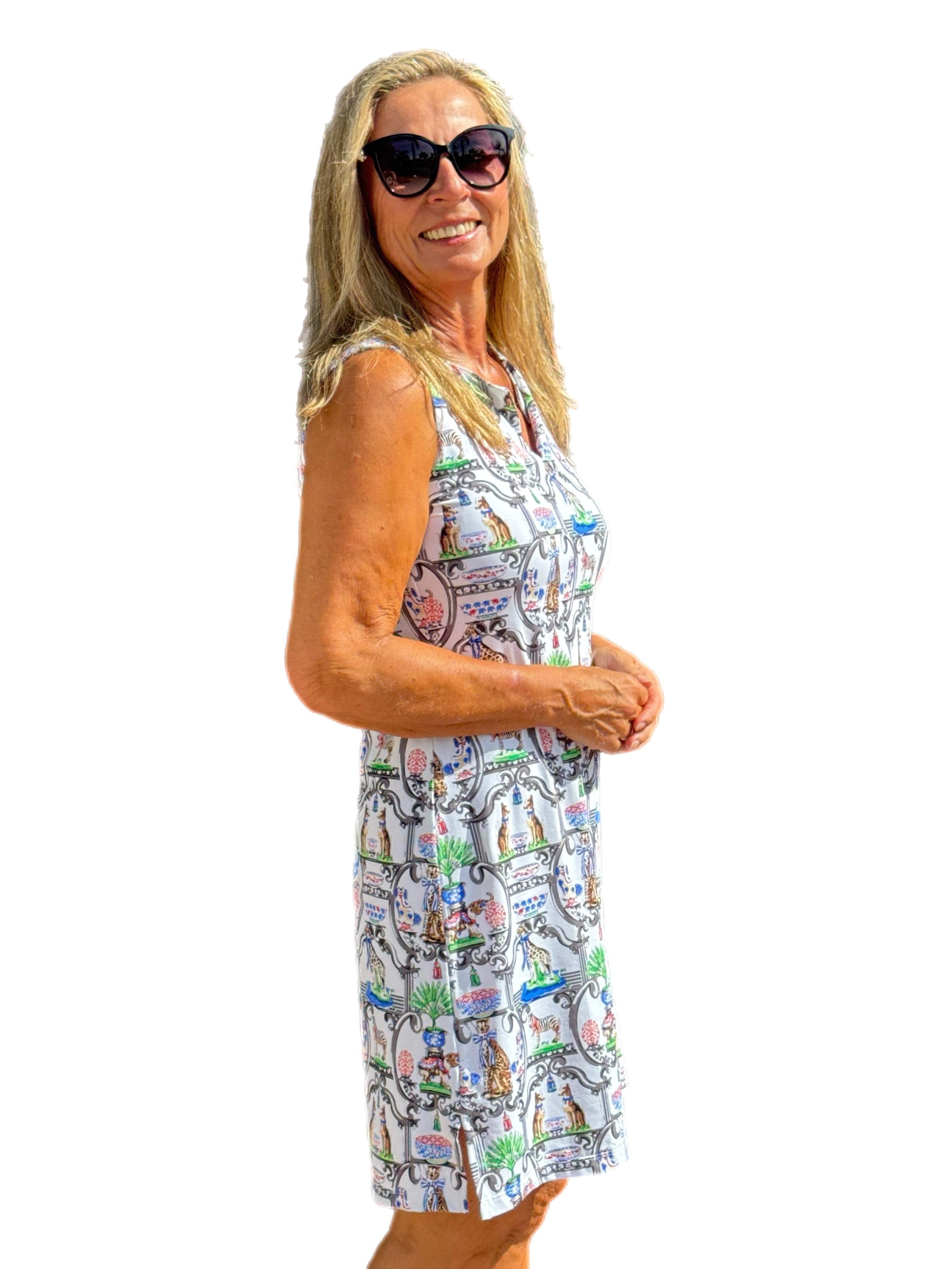 Sleeveless Shift Dress with UPF50+ White Animals - Back of the Bay Boutique