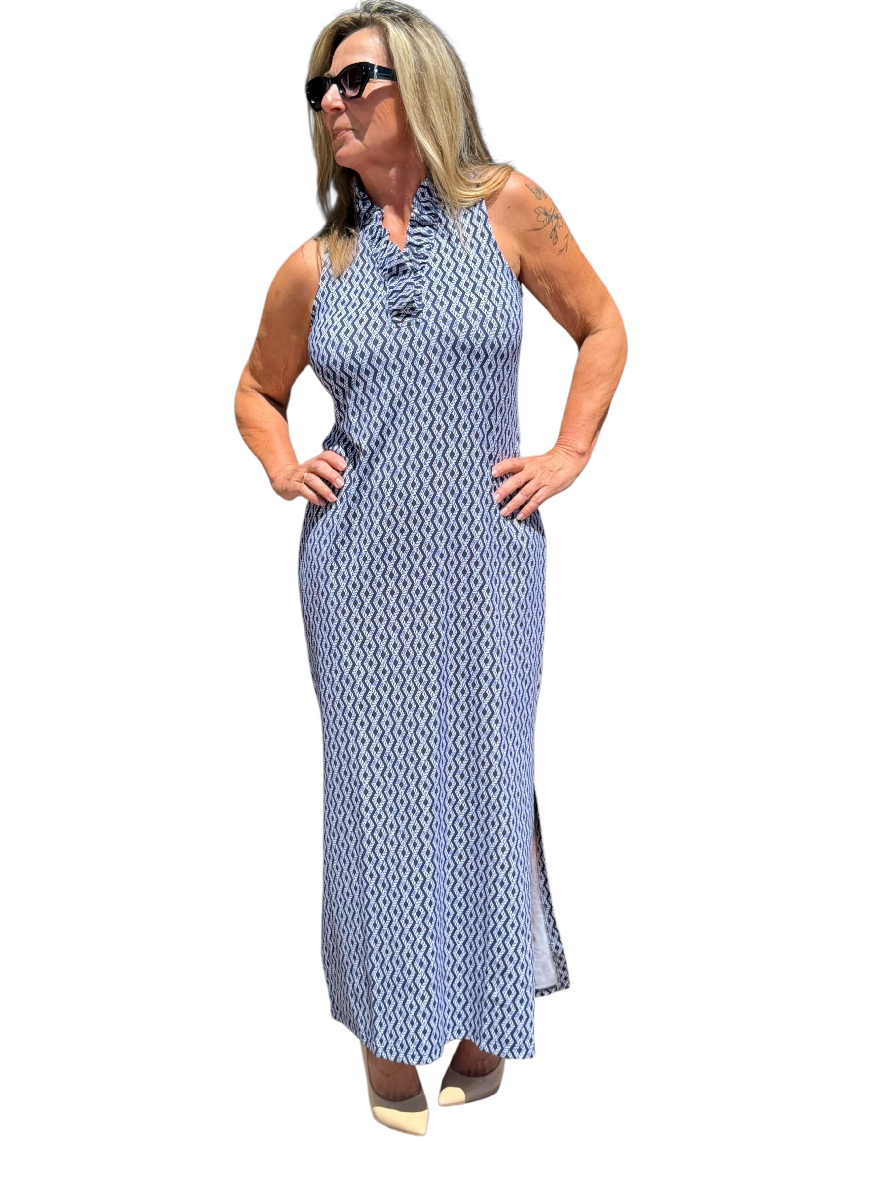 Ruffle - Neck Maxi Dress with UPF50+ Nautical Ropes Navy - Back of the Bay Boutique