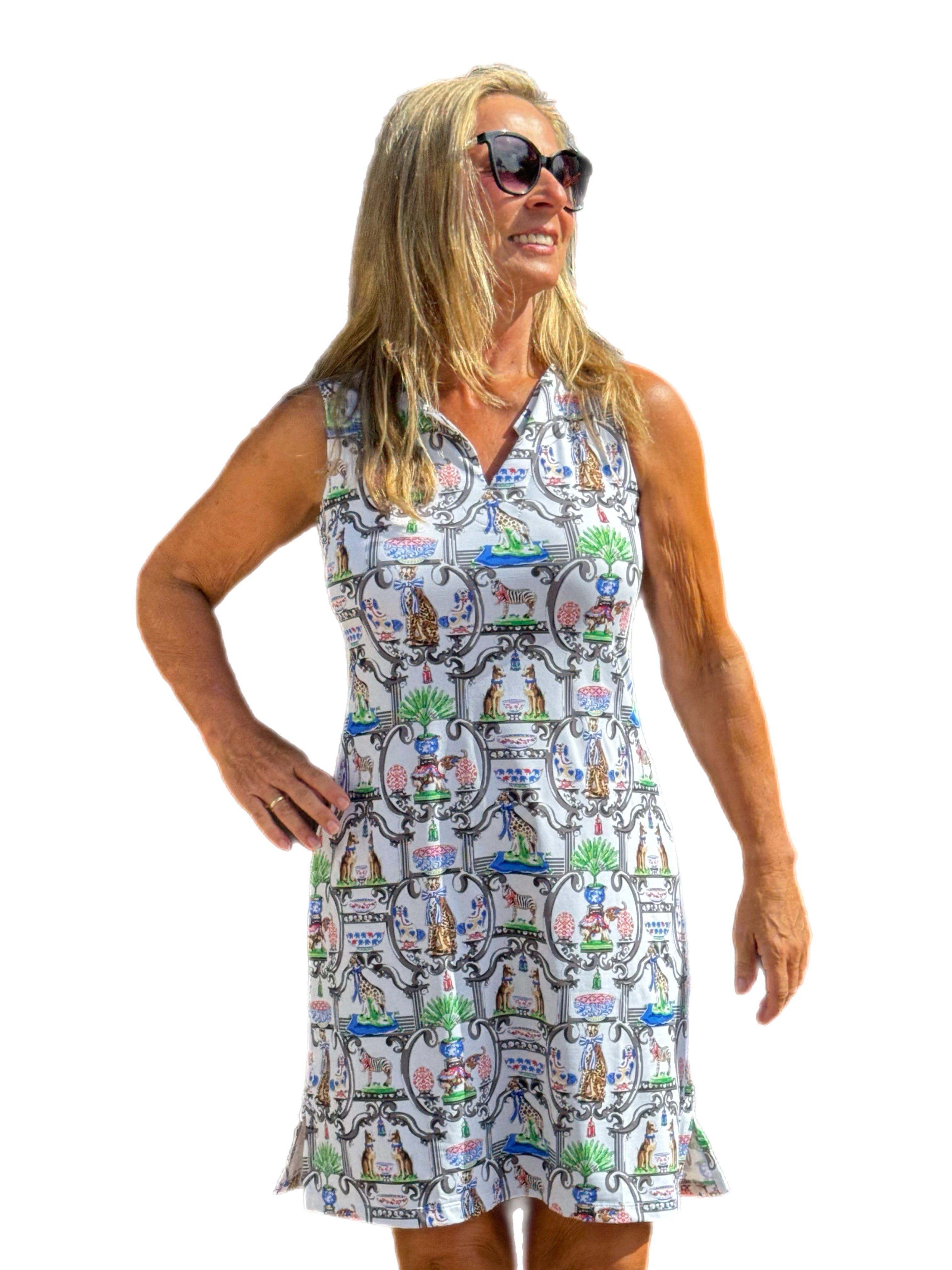 Sleeveless Shift Dress with UPF50+ White Animals - Back of the Bay Boutique