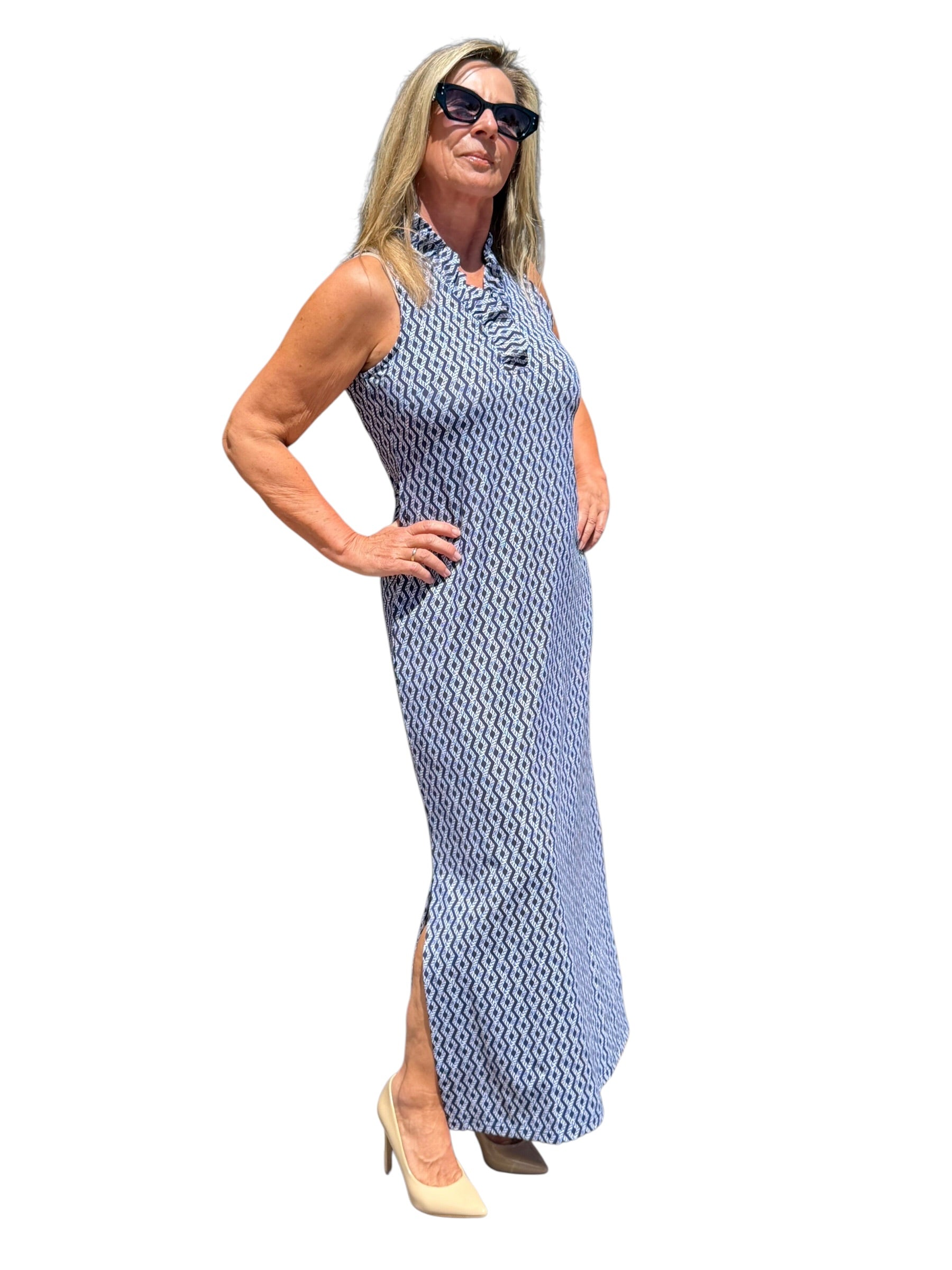 Ruffle - Neck Maxi Dress with UPF50+ Nautical Ropes Navy - Back of the Bay Boutique