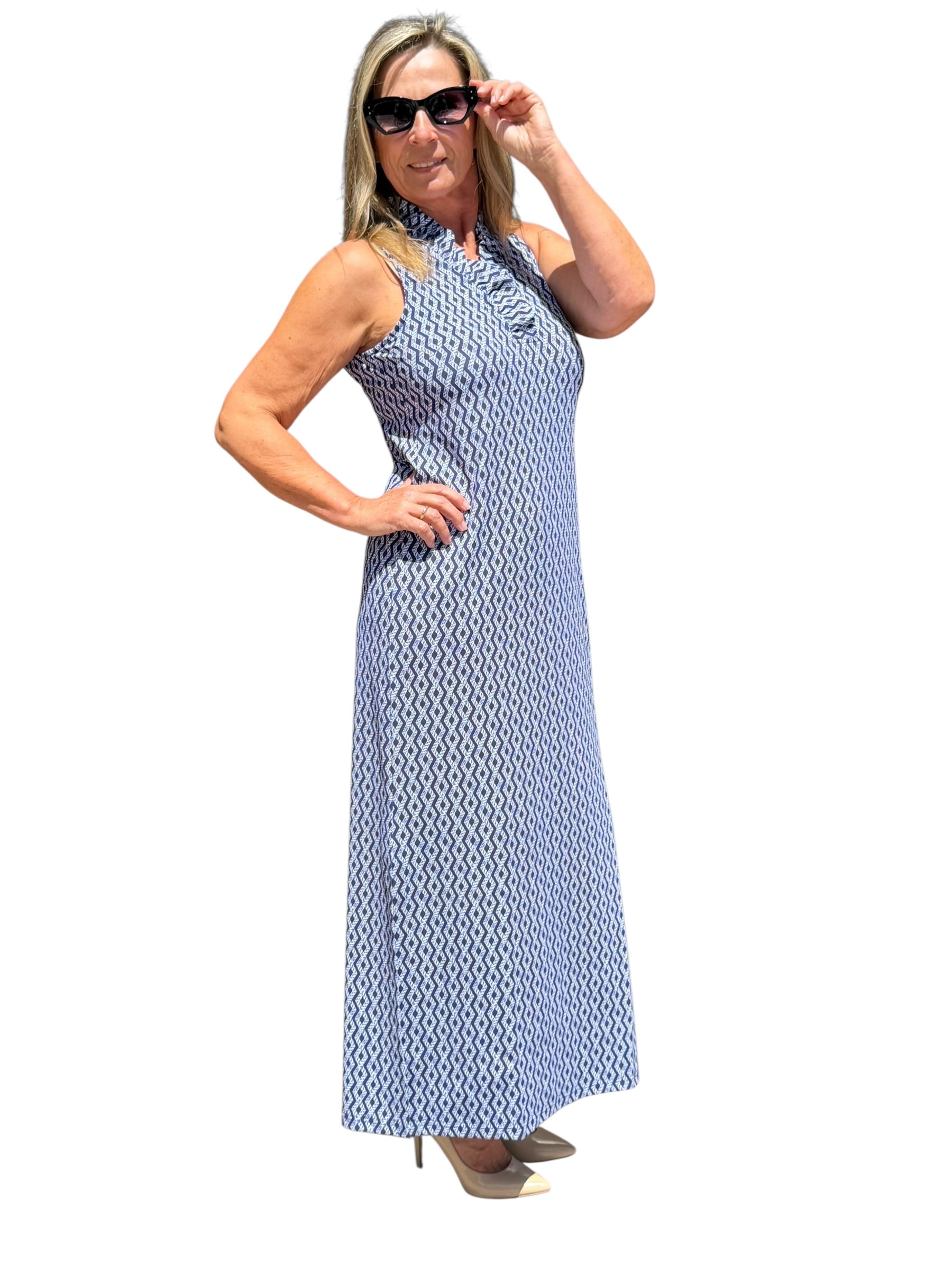 Ruffle - Neck Maxi Dress with UPF50+ Nautical Ropes Navy - Back of the Bay Boutique