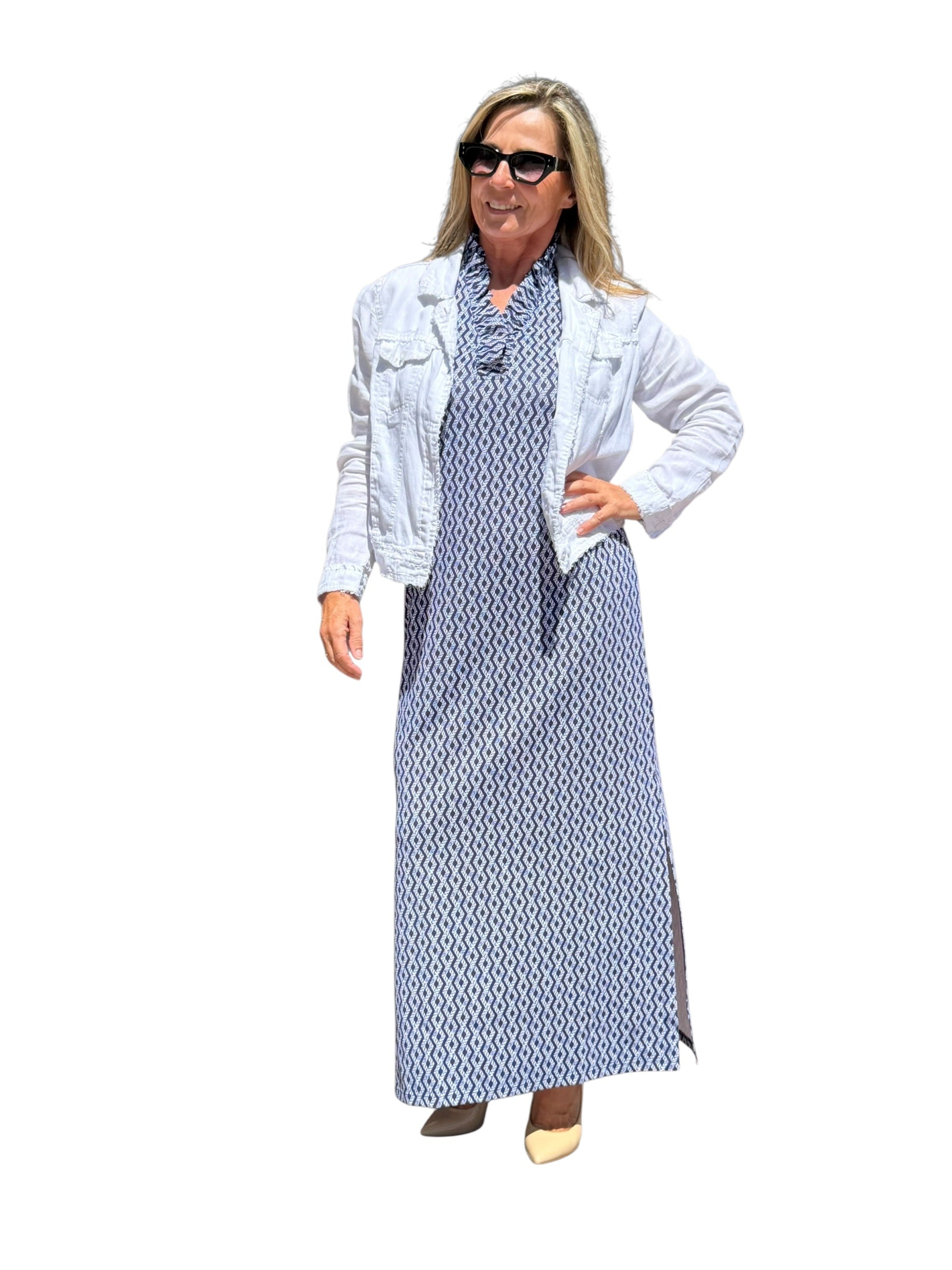 Ruffle - Neck Maxi Dress with UPF50+ Nautical Ropes Navy - Back of the Bay Boutique