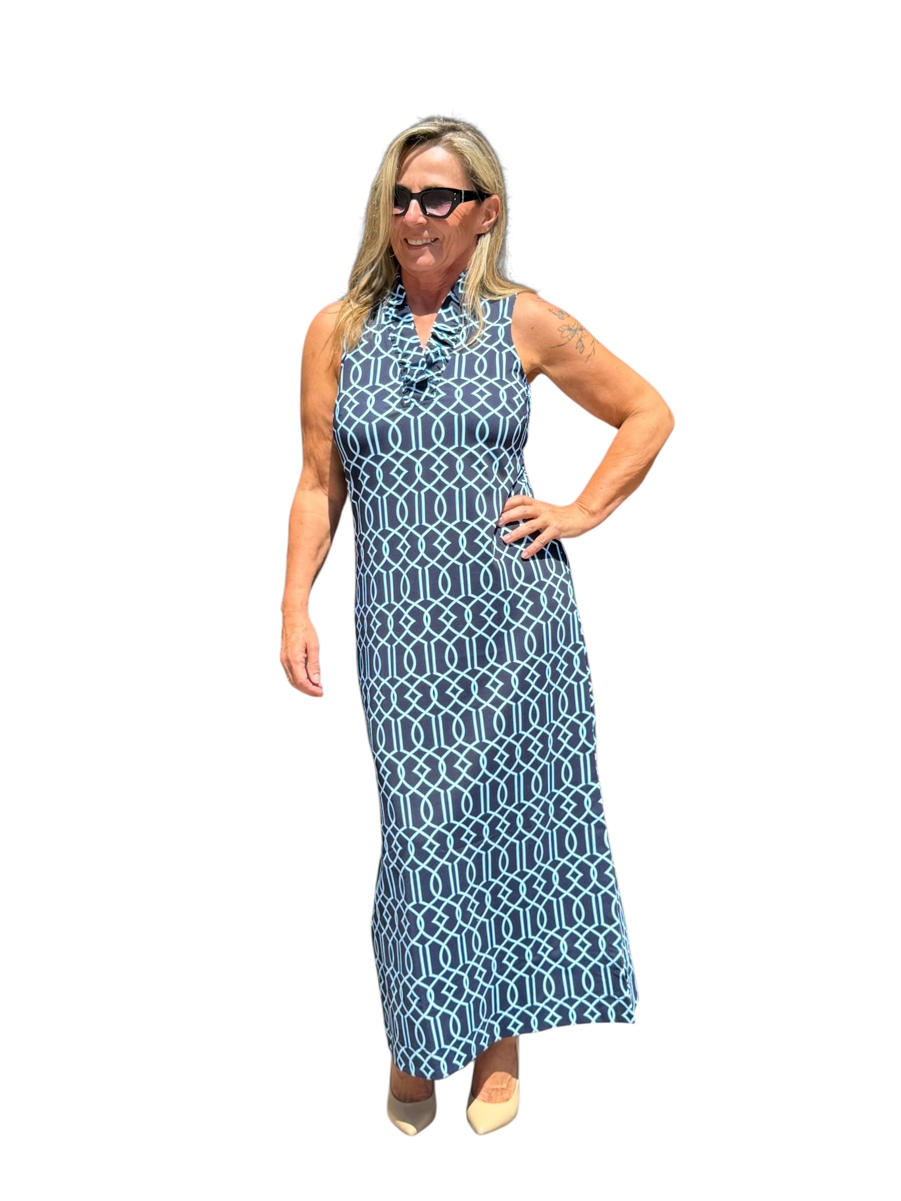 Ruffle - Neck Maxi Dress with UPF50+ Geometric Lines Navy - Back of the Bay Boutique