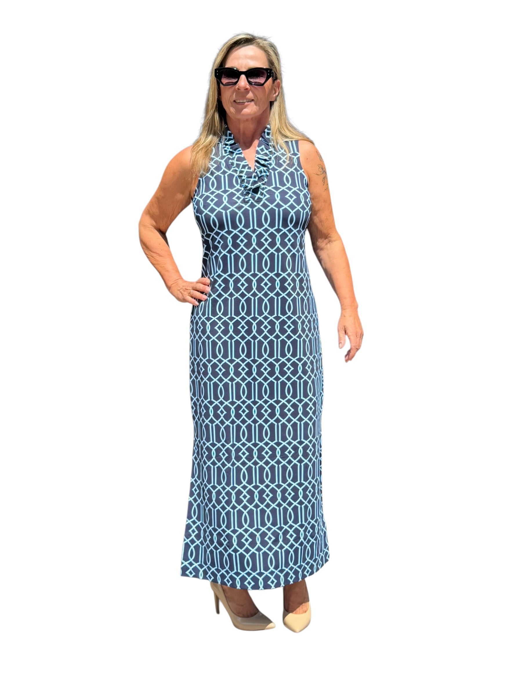 Ruffle - Neck Maxi Dress with UPF50+ Geometric Lines Navy - Back of the Bay Boutique