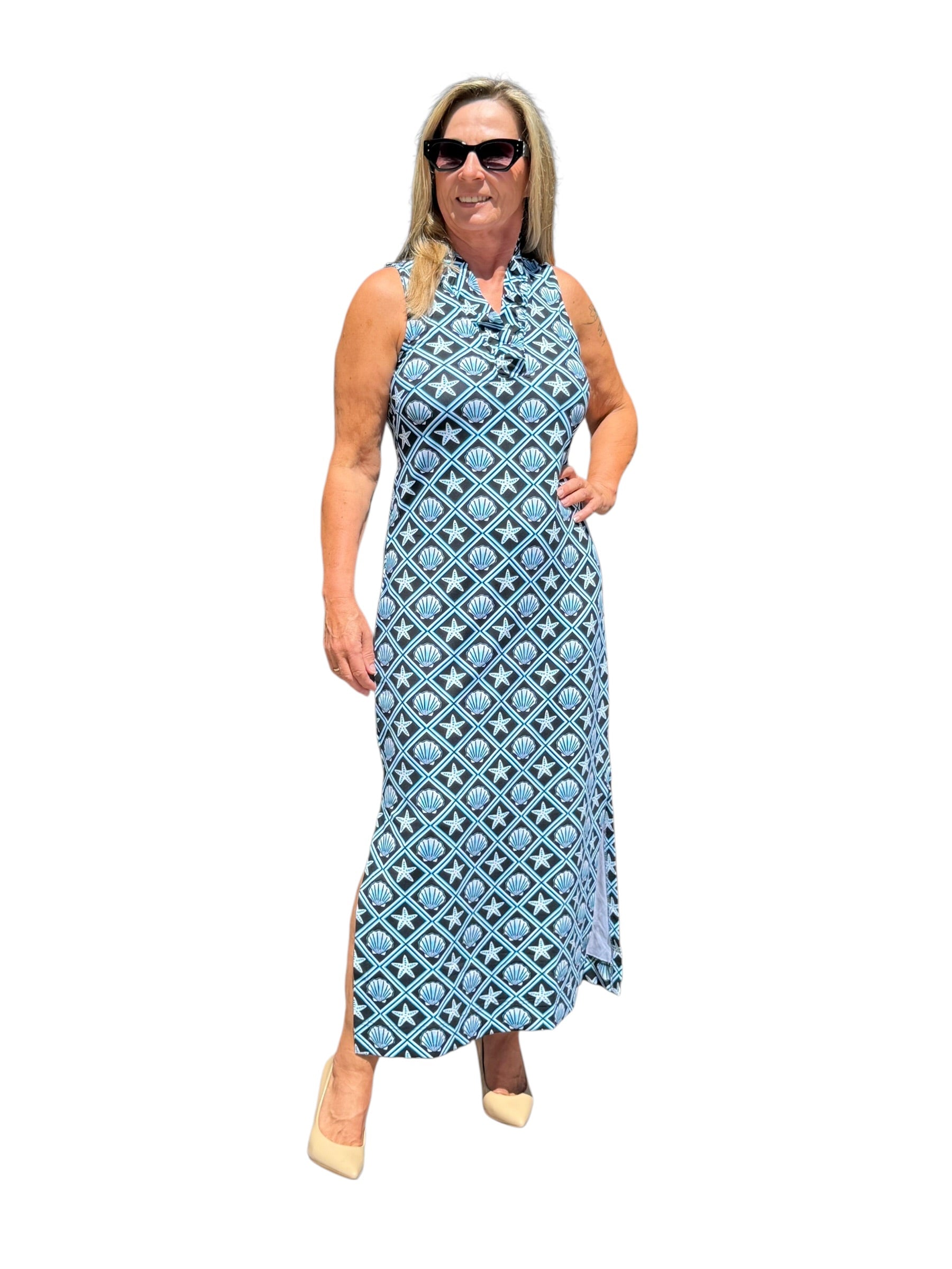 Ruffle - Neck Maxi Dress with UPF50+ Black Seashells - Back of the Bay Boutique