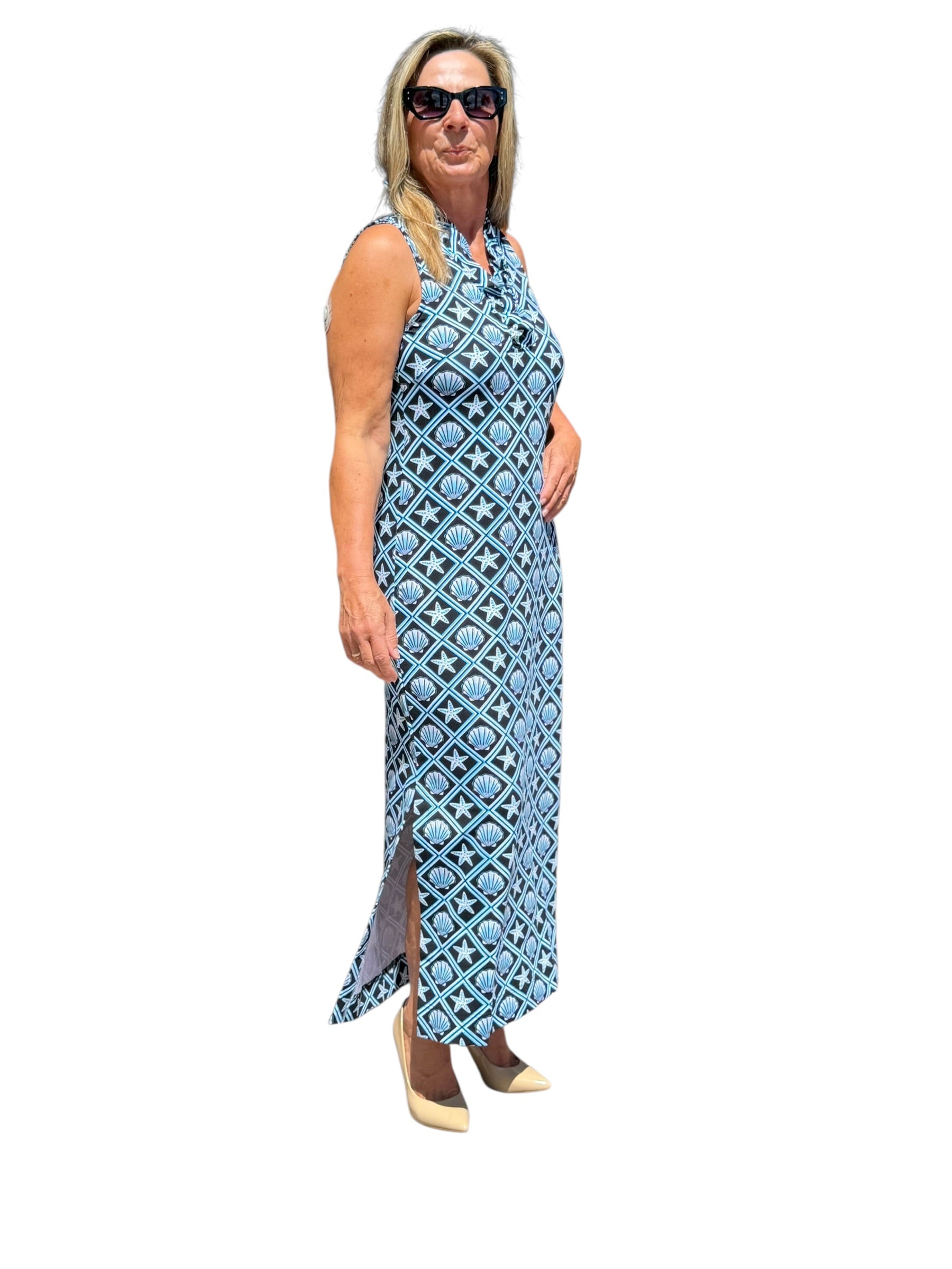 Ruffle - Neck Maxi Dress with UPF50+ Black Seashells - Back of the Bay Boutique