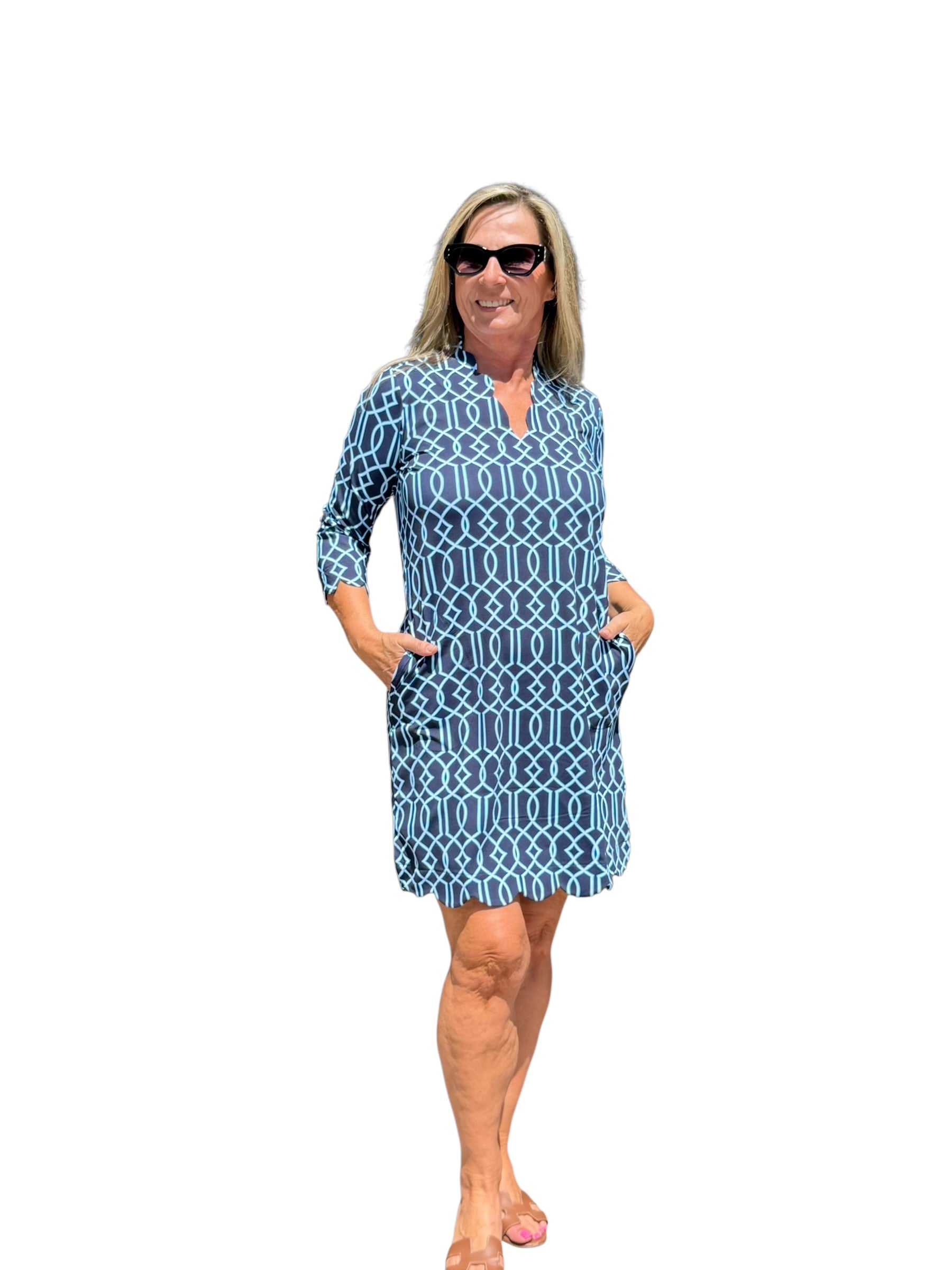Scalloped 3/4 Sleeve Dress with UPF50+ Geometric Lines Navy - Back of the Bay Boutique
