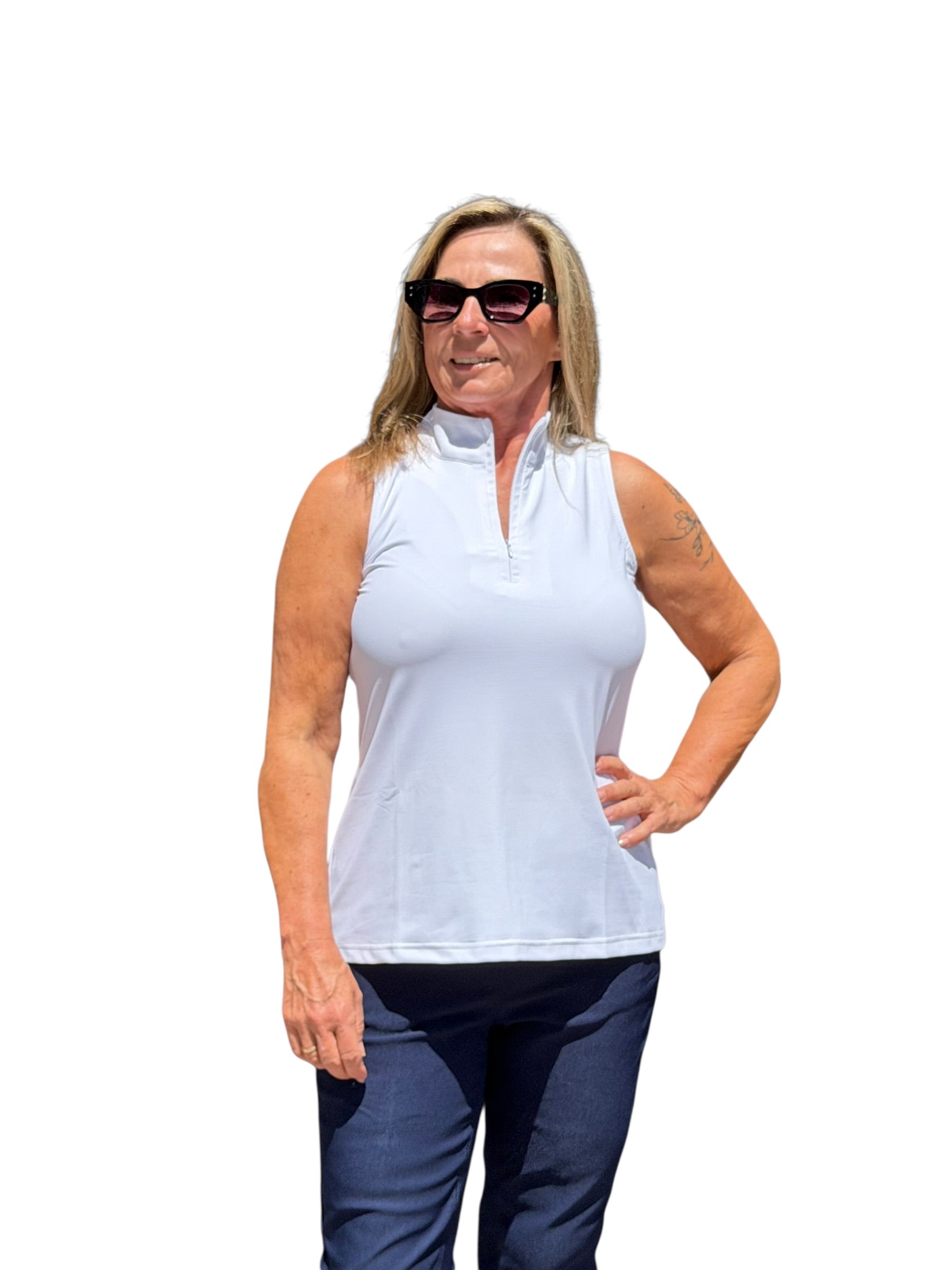 High Zip - Neck Sleeveless Top with UPF50+ White - Back of the Bay Boutique