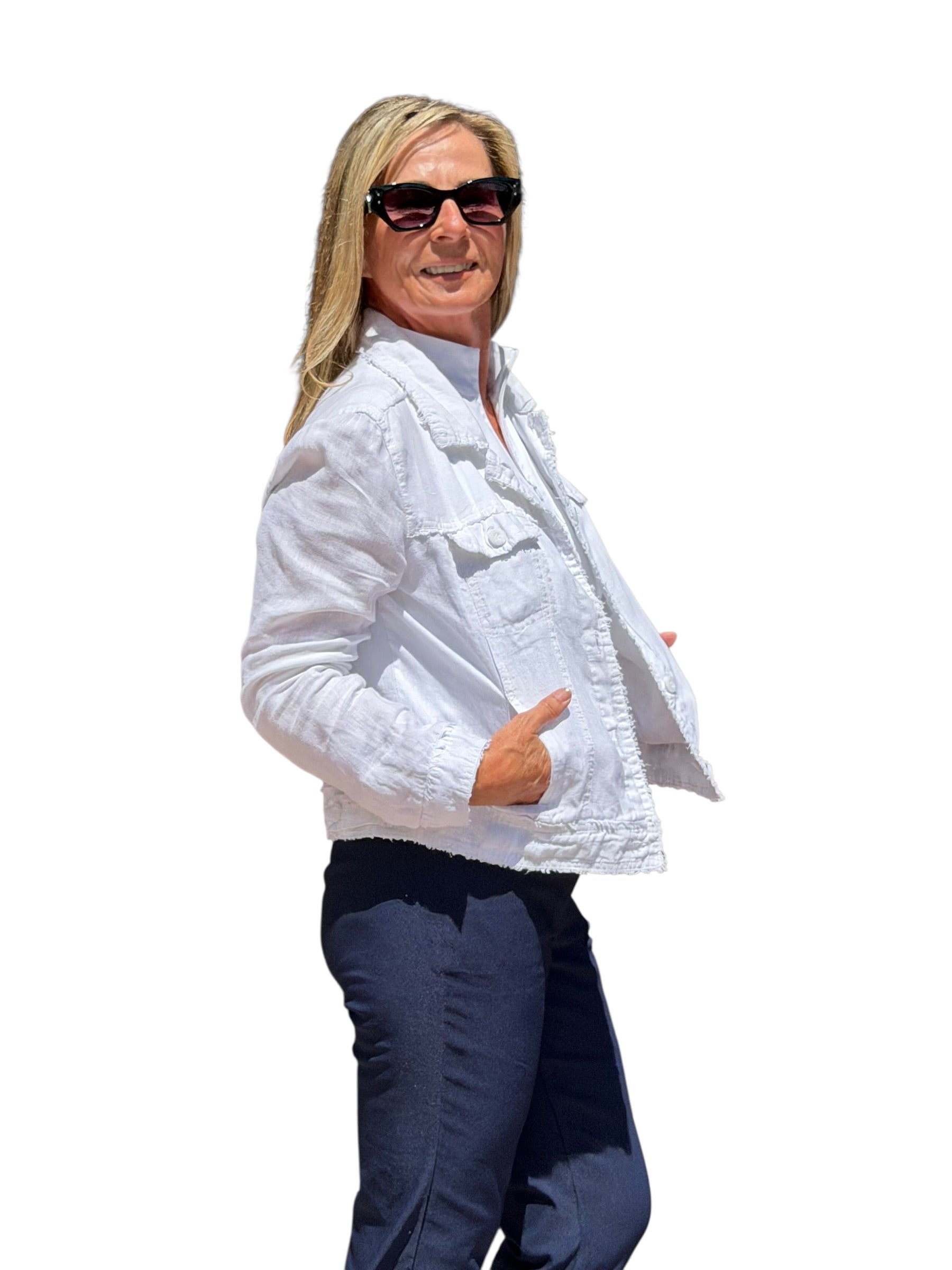 Long-Sleeve Linen Jacket White