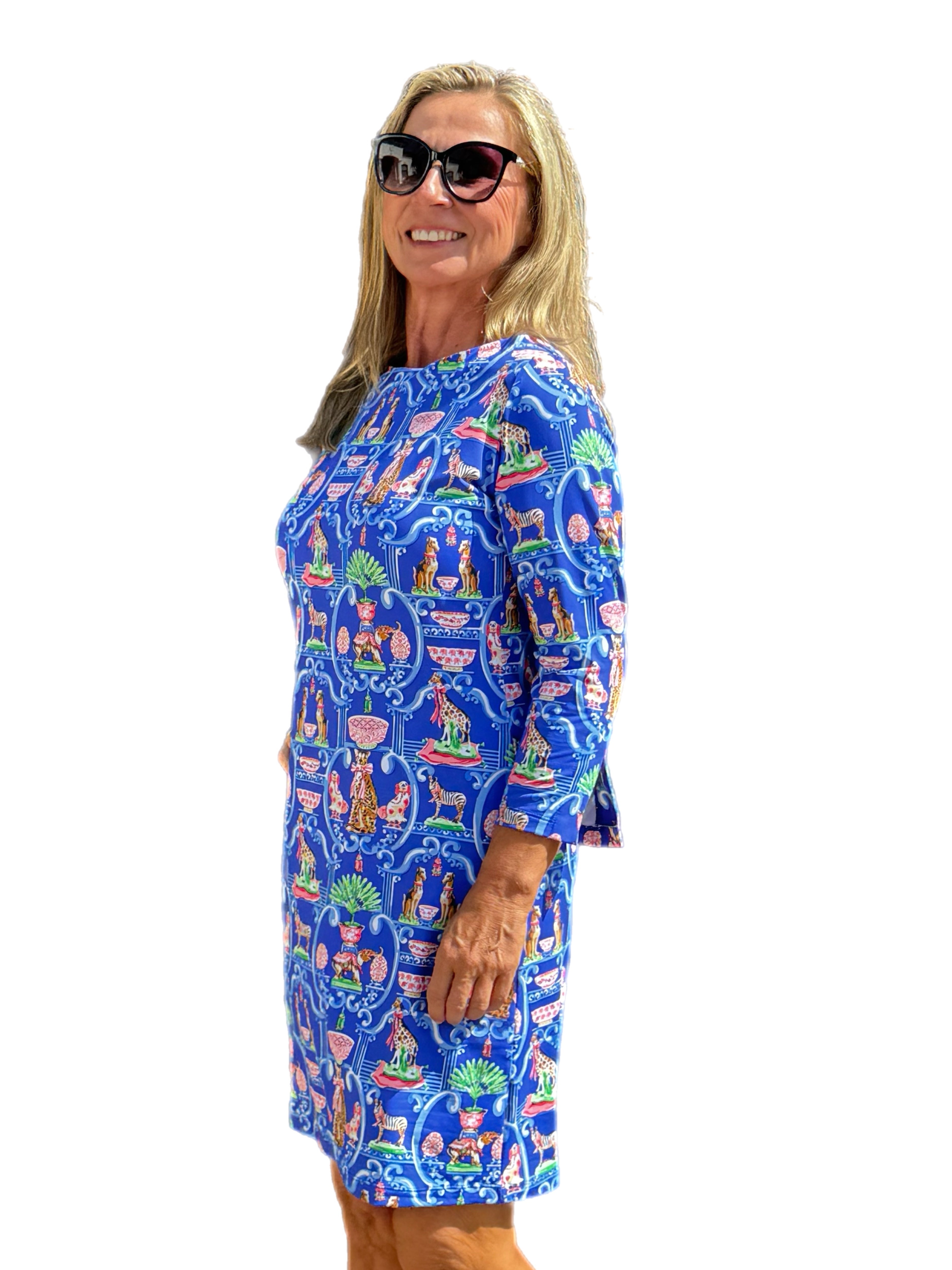 3/4 Sleeve Scoop-Neck Dress with UPF50+ Exotic Animals Blue - Back of the Bay Boutique