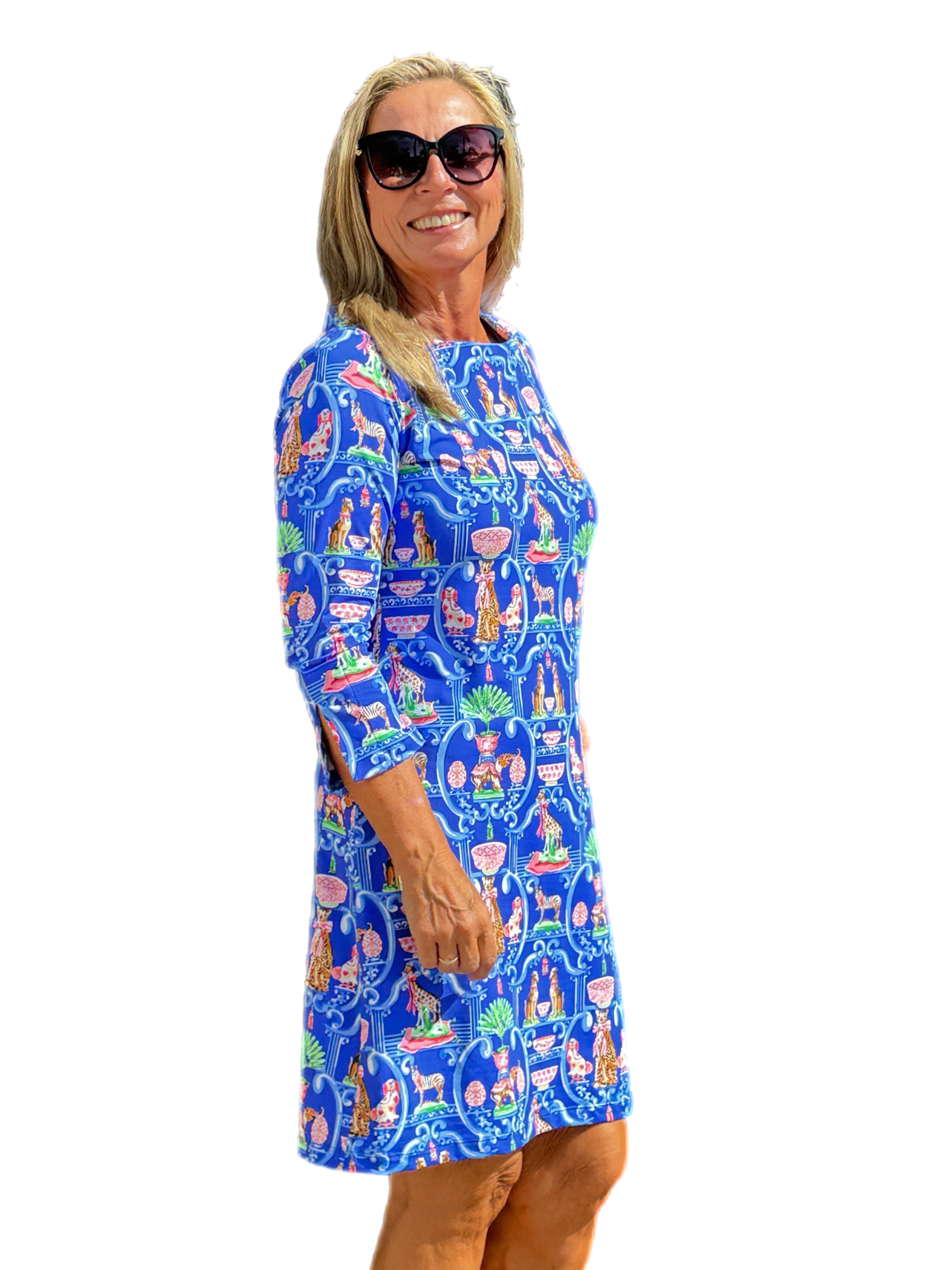 3/4 Sleeve Scoop-Neck Dress with UPF50+ Exotic Animals Blue - Back of the Bay Boutique