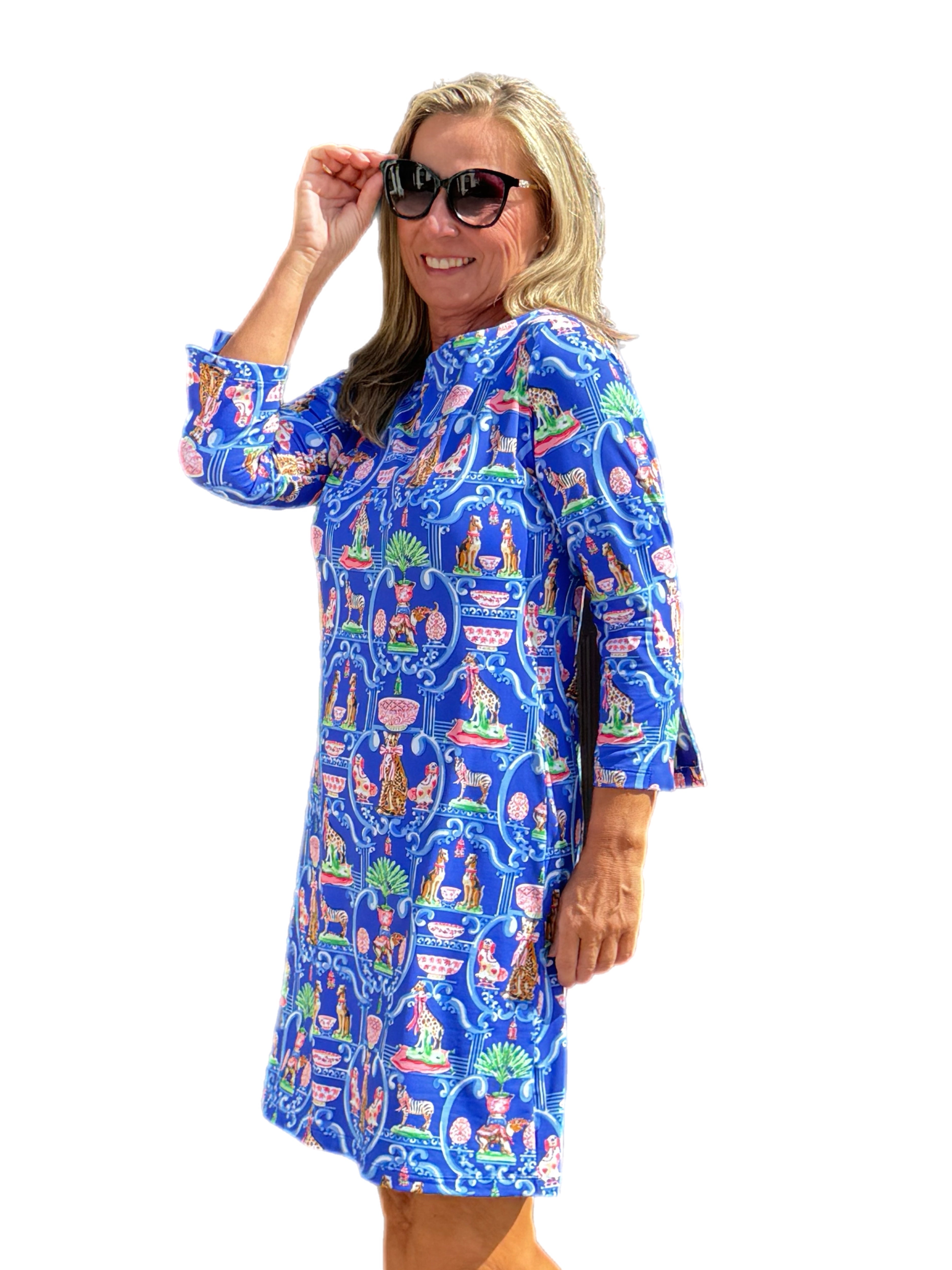 3/4 Sleeve Scoop-Neck Dress with UPF50+ Exotic Animals Blue - Back of the Bay Boutique