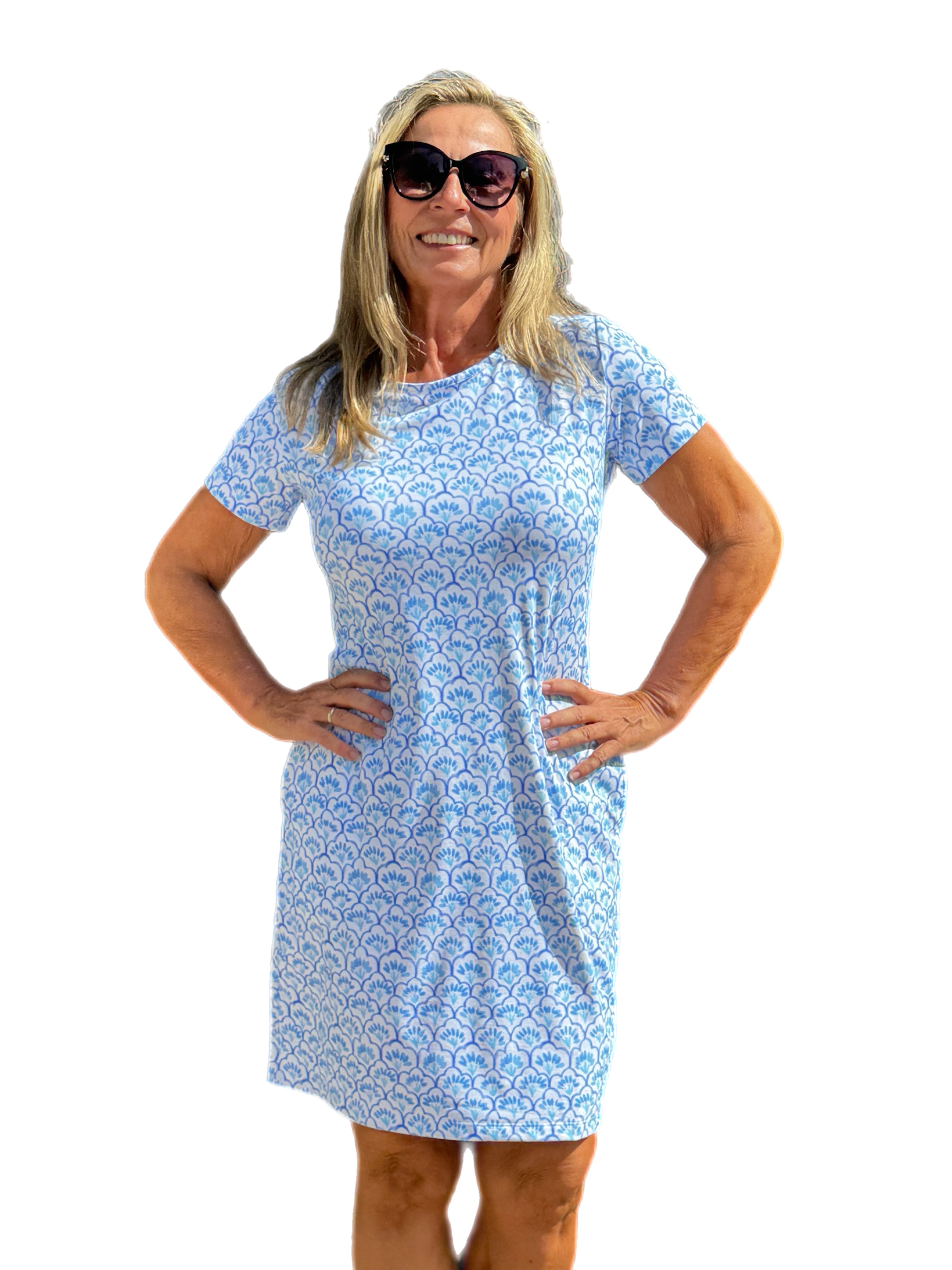 Short Sleeve Crew-Neck Dress with UPF50+ Blue Sanibel Flowers - Back of the Bay Boutique