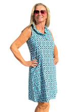 Load image into Gallery viewer, Ruffle-Neck Dress with UPF50+ Geometric Cable Aqua
