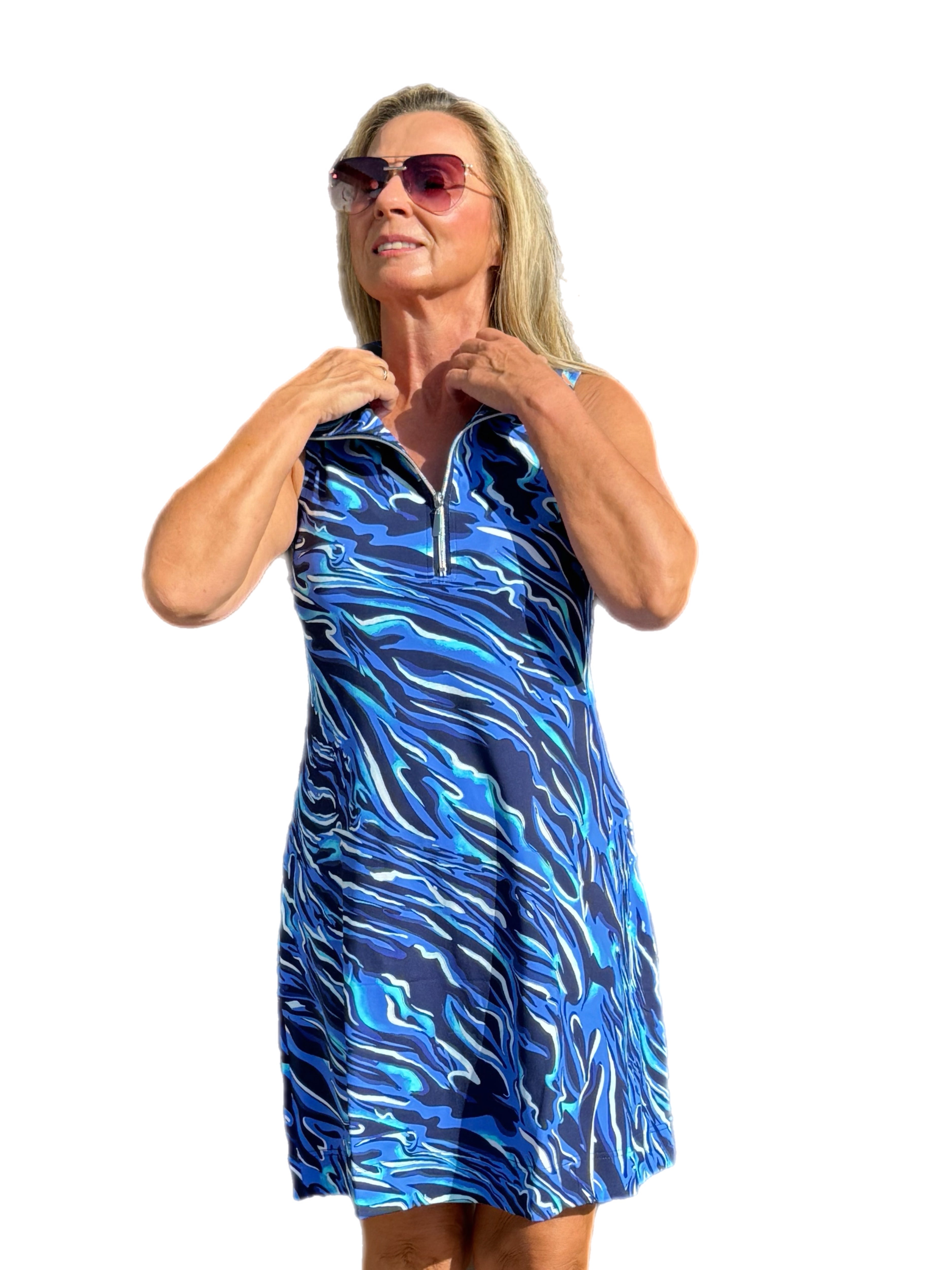 Zipper Swing Dress with UPF50+ Navy Animal - Back of the Bay Boutique